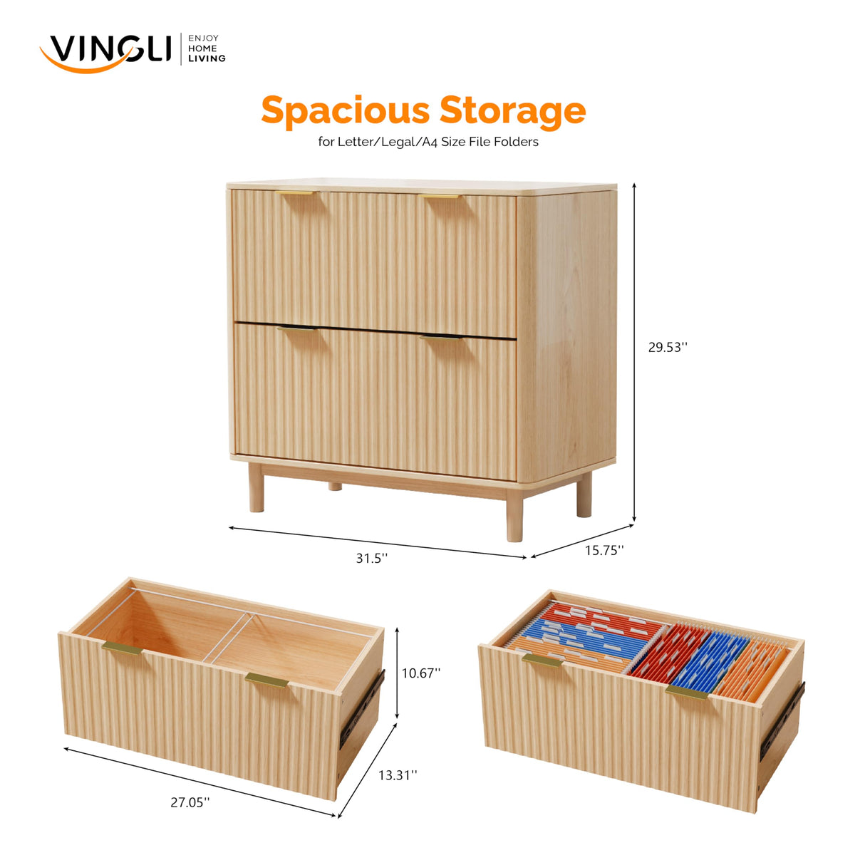 Bonnlo 2 Drawer File Cabinet, Home Office Filing Organizer, for Letter Legal A4 Size File Folder Storage, Modern Style Fluted Design, Wood Lateral Filing Cabinet, Printer Stand, Archivador, Oak