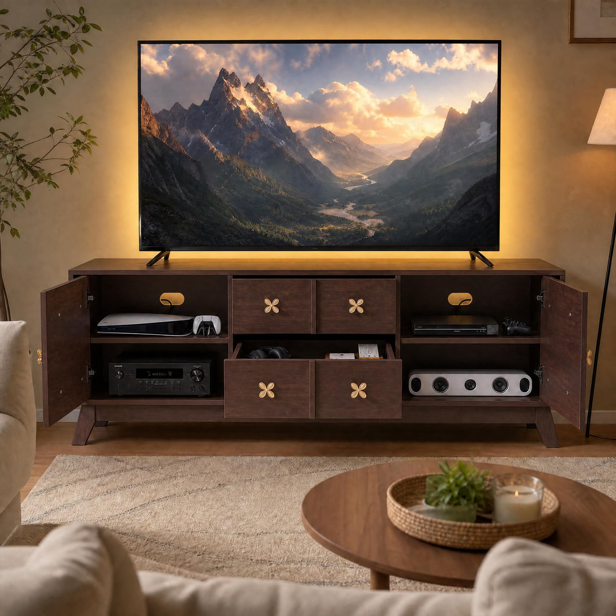 Garvee 67" Wood TV Stand, Mid Century Modern TV Stand for Up to 75" TVs