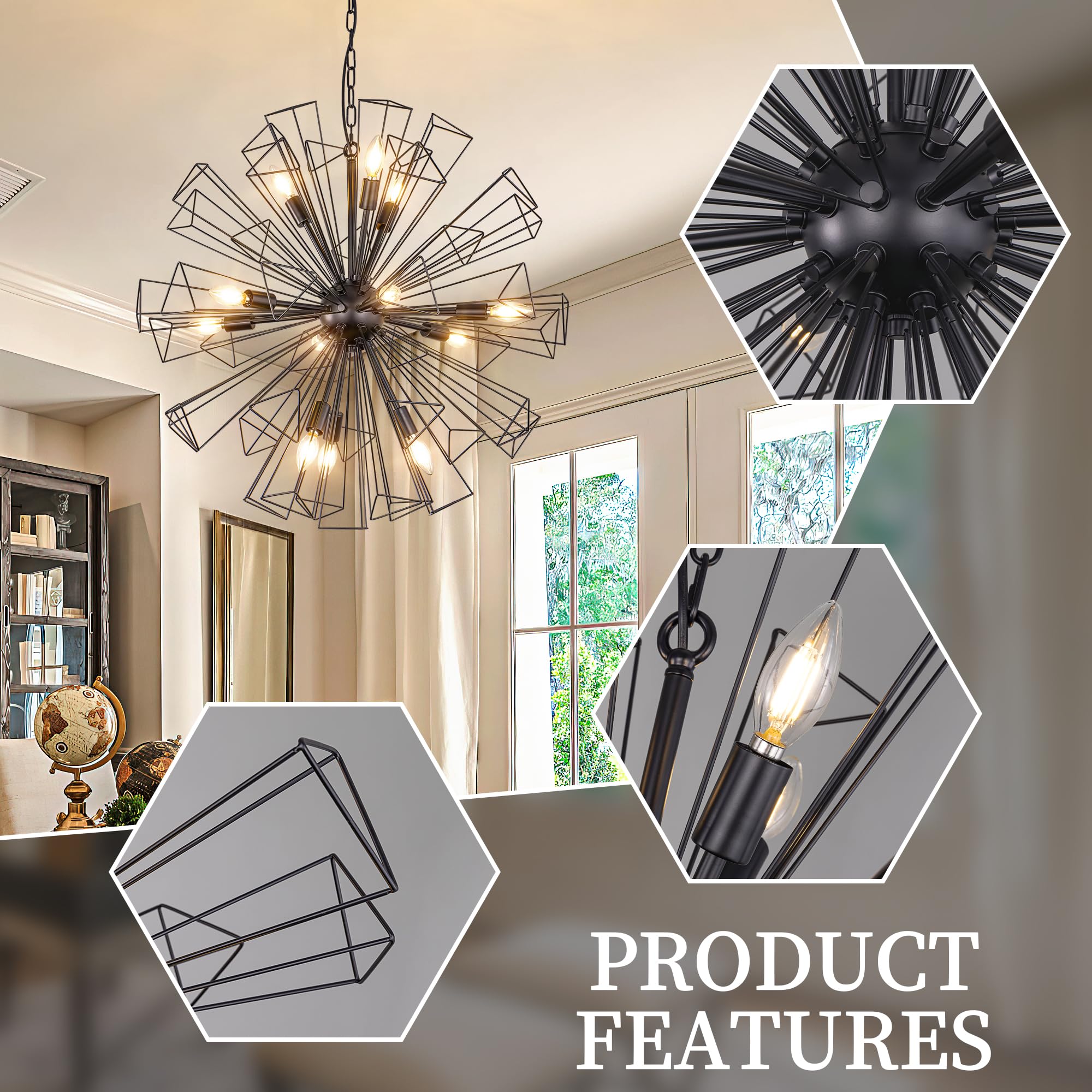 Wellmet Black Sputnik Chandelier, Modern Black Pendant Light, 12-Light Geometric Lighting Fixture, for Living Room, Bedroom, Dining Room, Kitchen, Hallway, Office, Store, Café