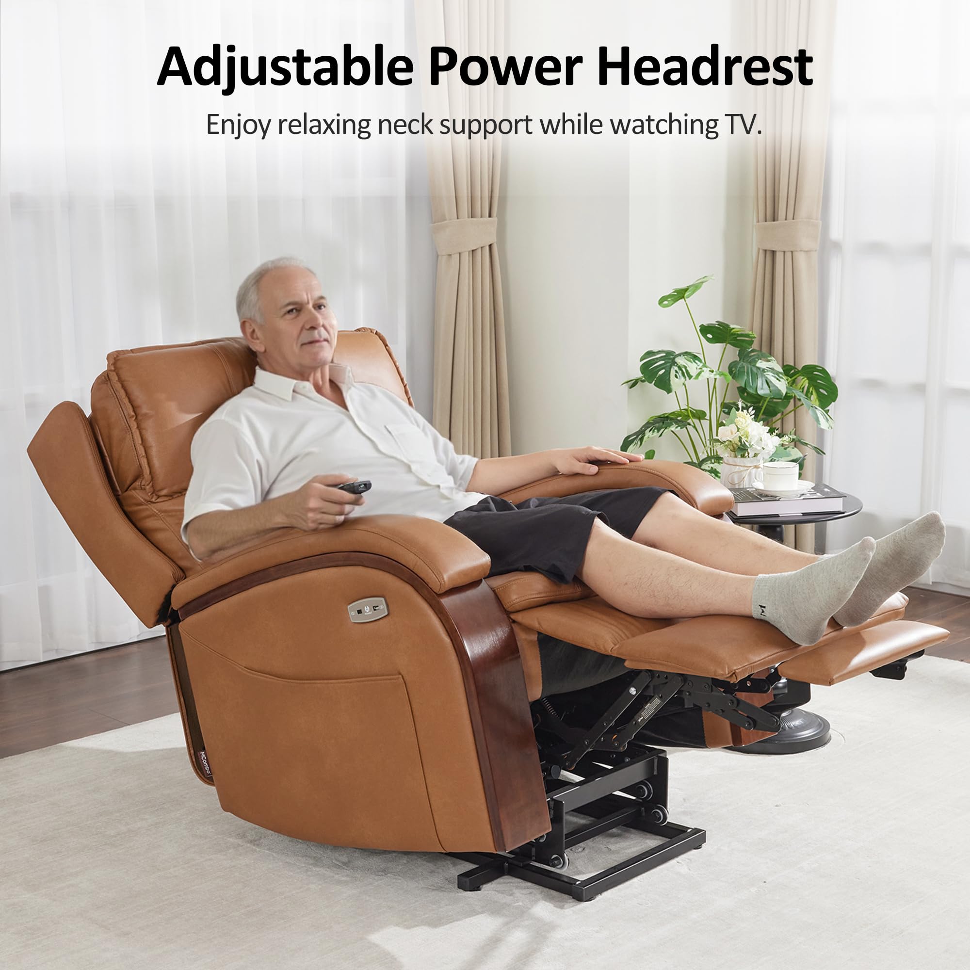 MCombo Power Lift Recliner Chair Sofa with Massage and Heat, Adjustable Headrest for Elderly People, Solid Wood Armrest, USB Ports, Side Pockets, Faux Leather 7917 (Tawny, Medium)