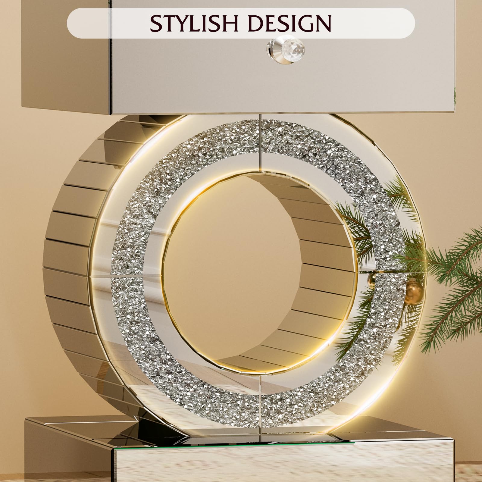 IKIFLY Mirrored End Table with LED Light, Mirrored Accent Nightstand with Drawer, Silver Crushed Diamond Side Table with O-Shaped Base for Living Room, Bedroom and Office (Remote Control Included)