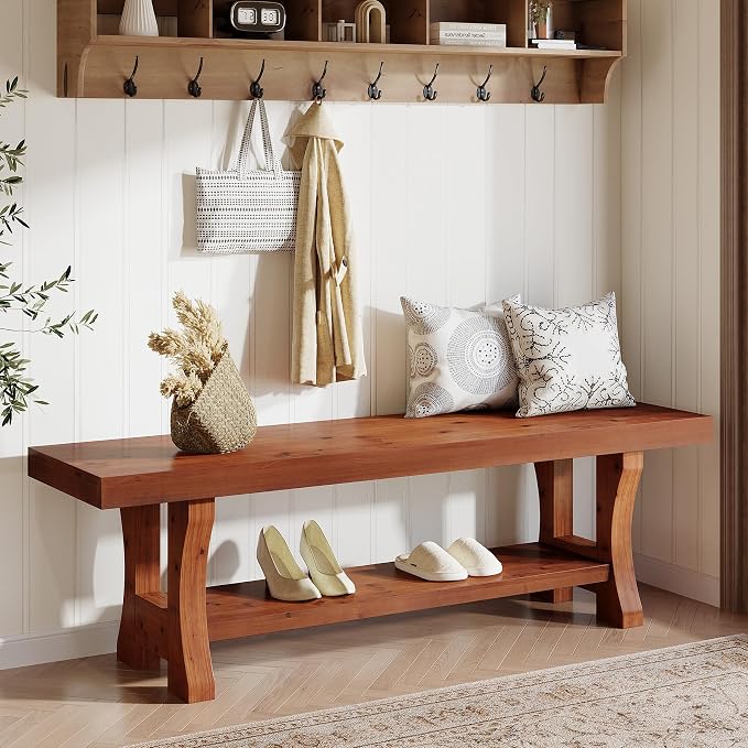 Solid Wood Entryway & Bedroom Bench with Storage Shelf, 55"