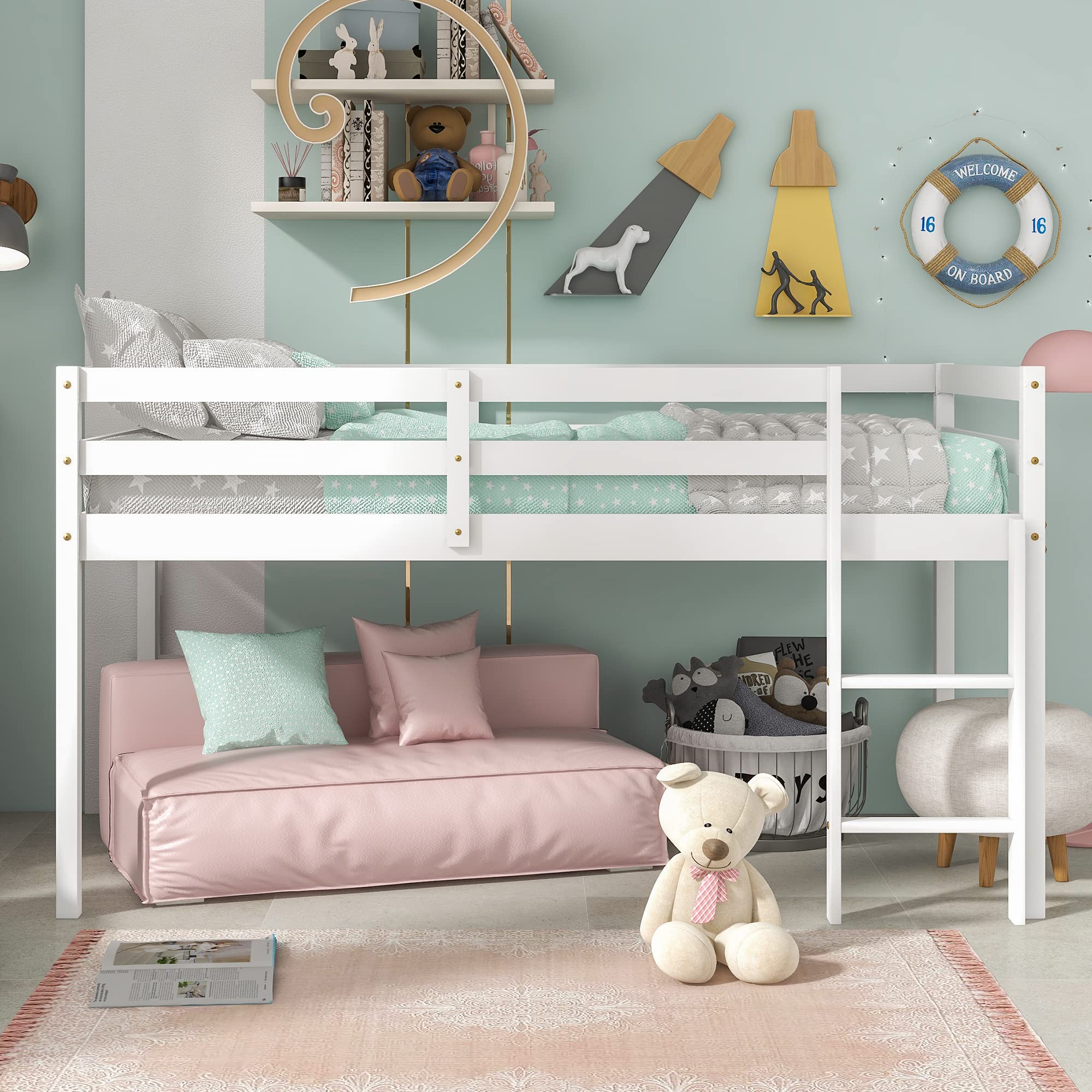 Twin Kids Loft Bed with Ladder & Guard Rails