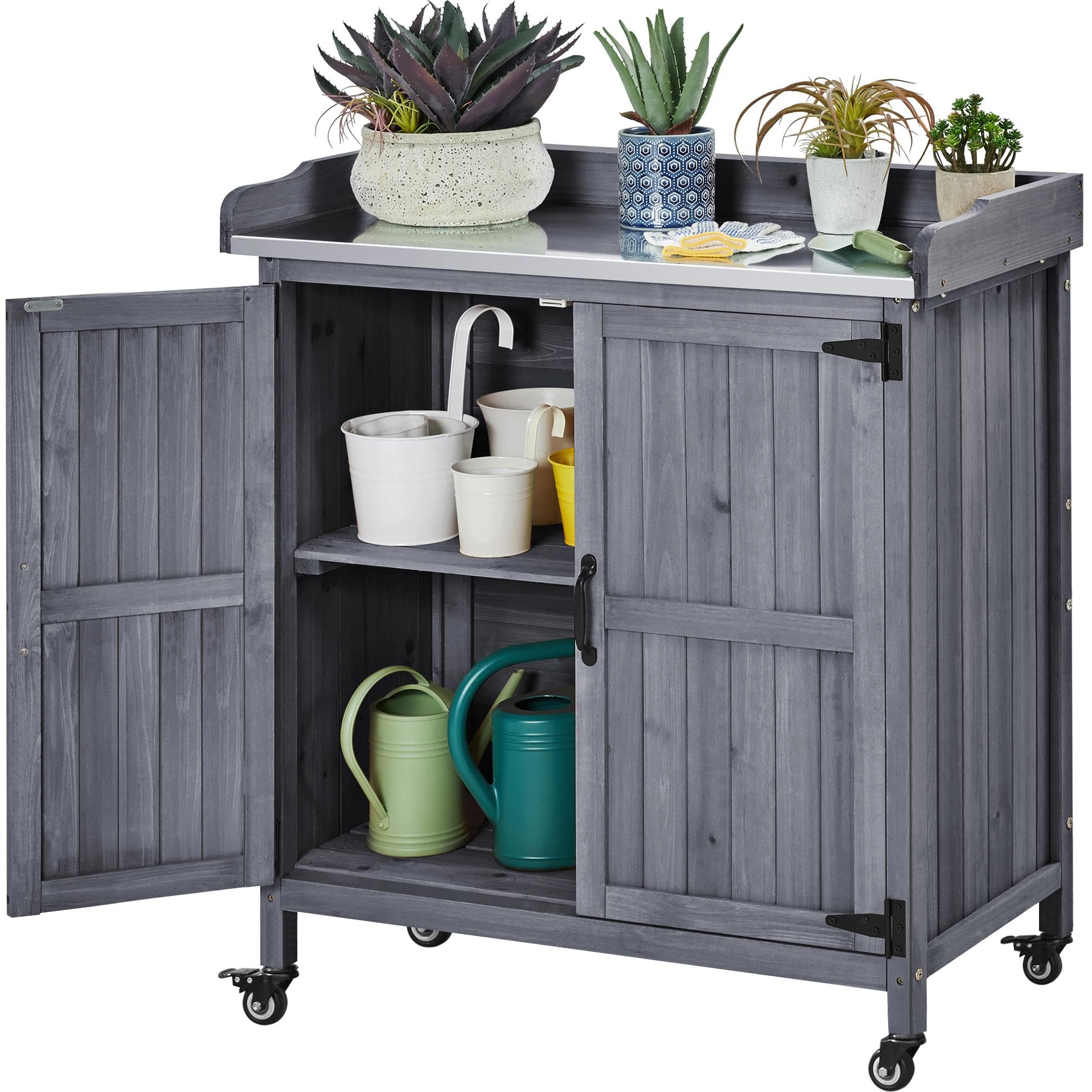 Rolling Garden Potting Bench with Metal Top & Storage