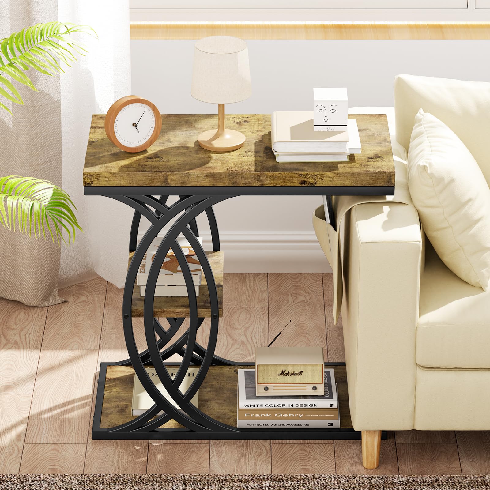 C-Shaped 3-Tier End Table with Metal Frame