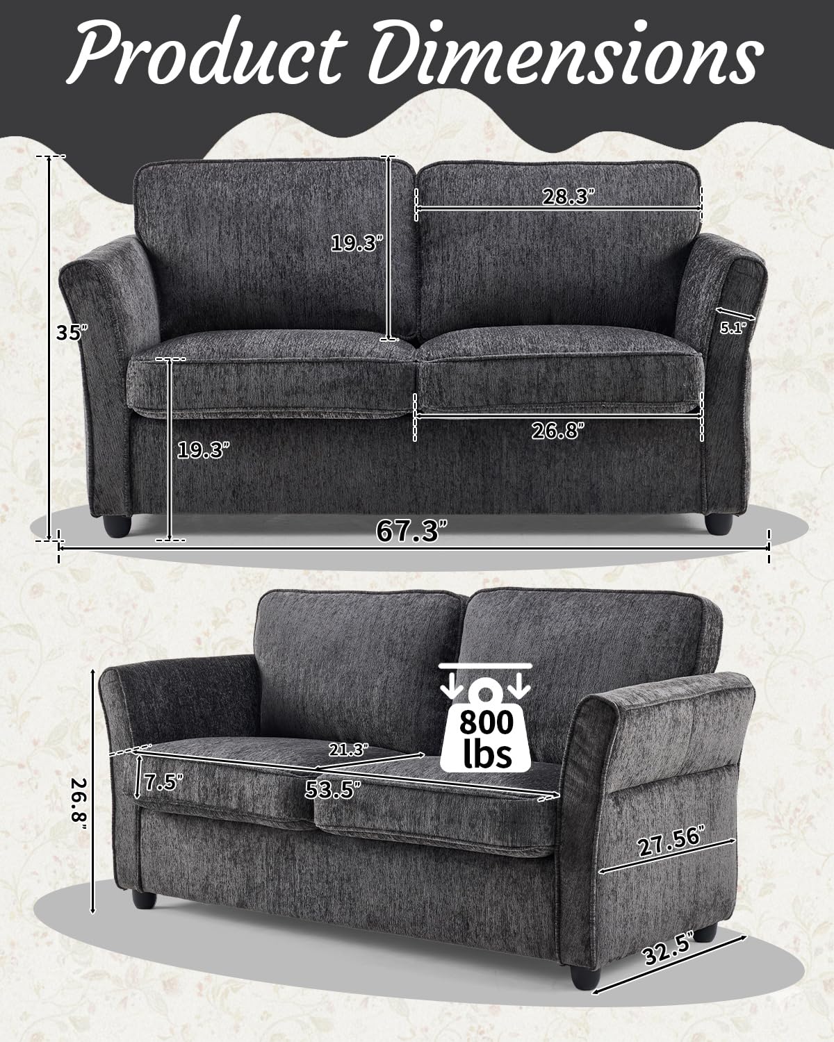 Chenille Loveseat with Outward Arms, Spring Cushion & Removable Covers