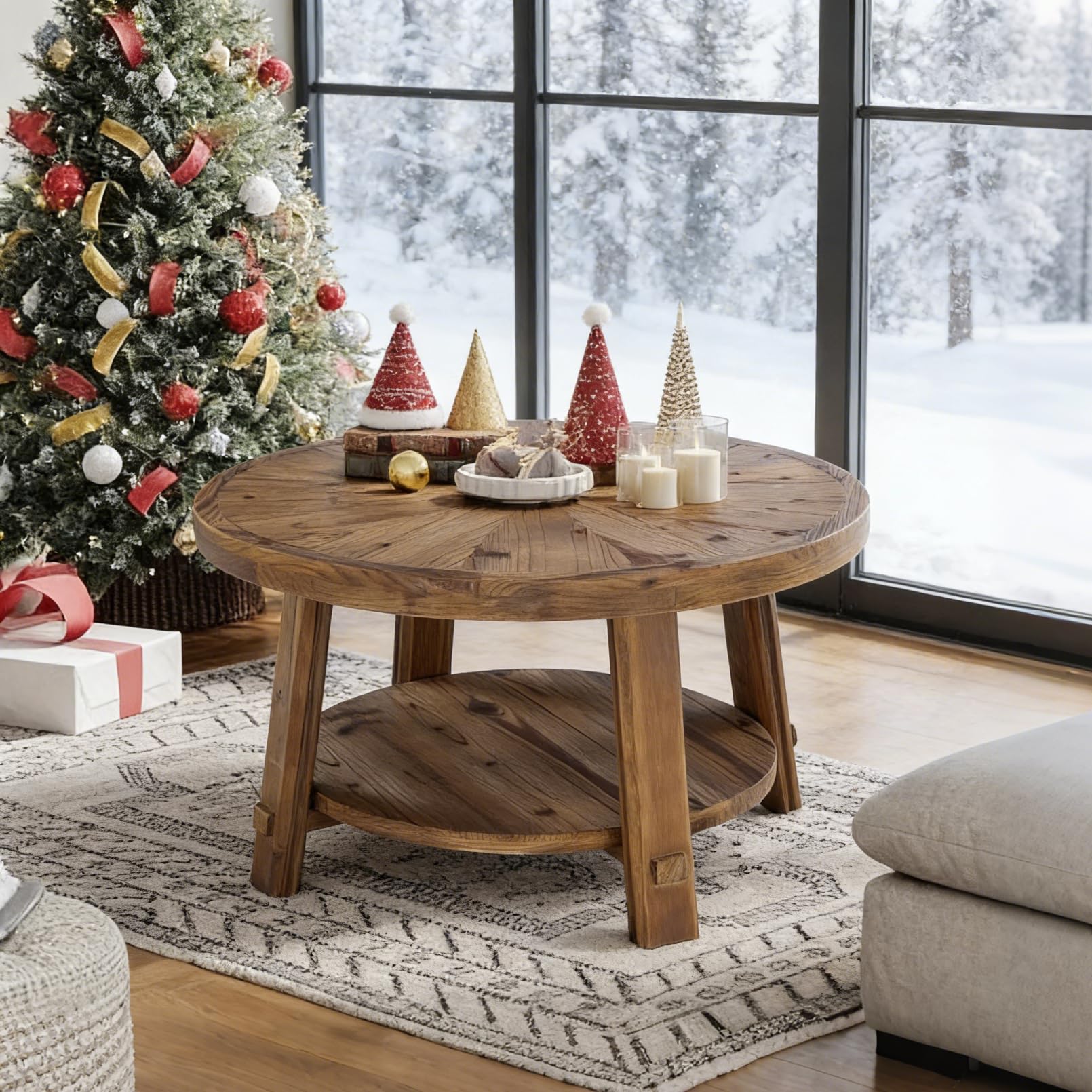 LITTLE TREE Solid Wood Coffee Table with Storage, 2-Tier Farmhouse Round Coffee Table for Living Room, Easy Assembly (Rustic Wood Color)