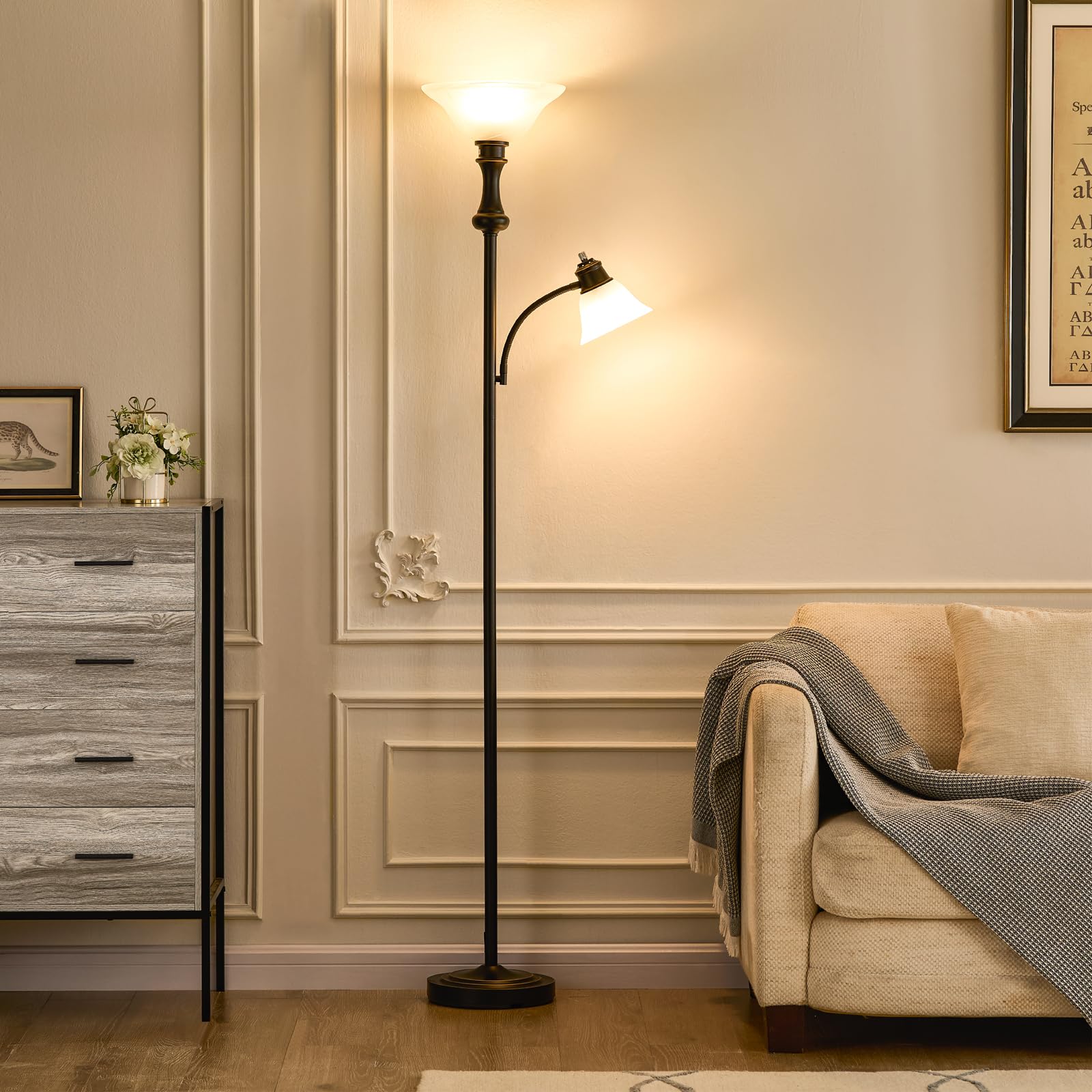 Leasgy 71'' Floor Lamps for Living Room, Tall Floor Lamp for Bedroom with Adjustable Angle Arc Reading lamp, Modern Torchiere Standing lamp with Glass Shade, Knob Switch, Bulb Included, Black