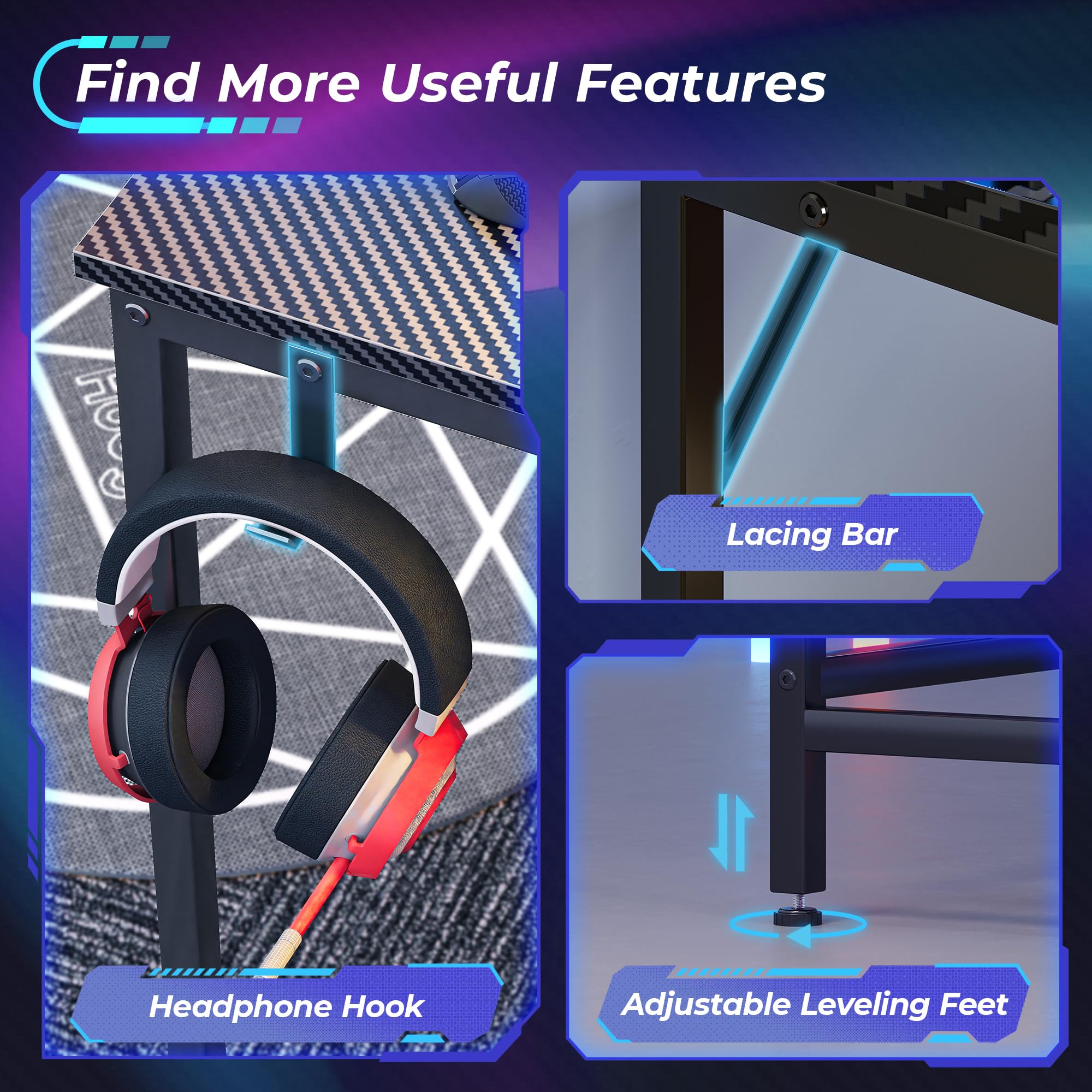 L-Shaped Gaming Desk with LED Lights & Power Outlets