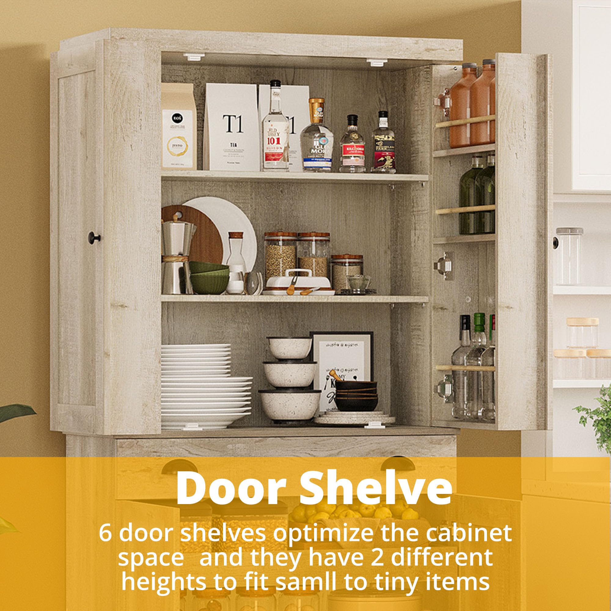IRONCK Kitchen Pantry Cabinet 72" Height, Freestanding Cupboard with Drawer, Sliding Storage Rack, and 6 Hanging Shelves for Dining Room, Laundry, Rustic Maple
