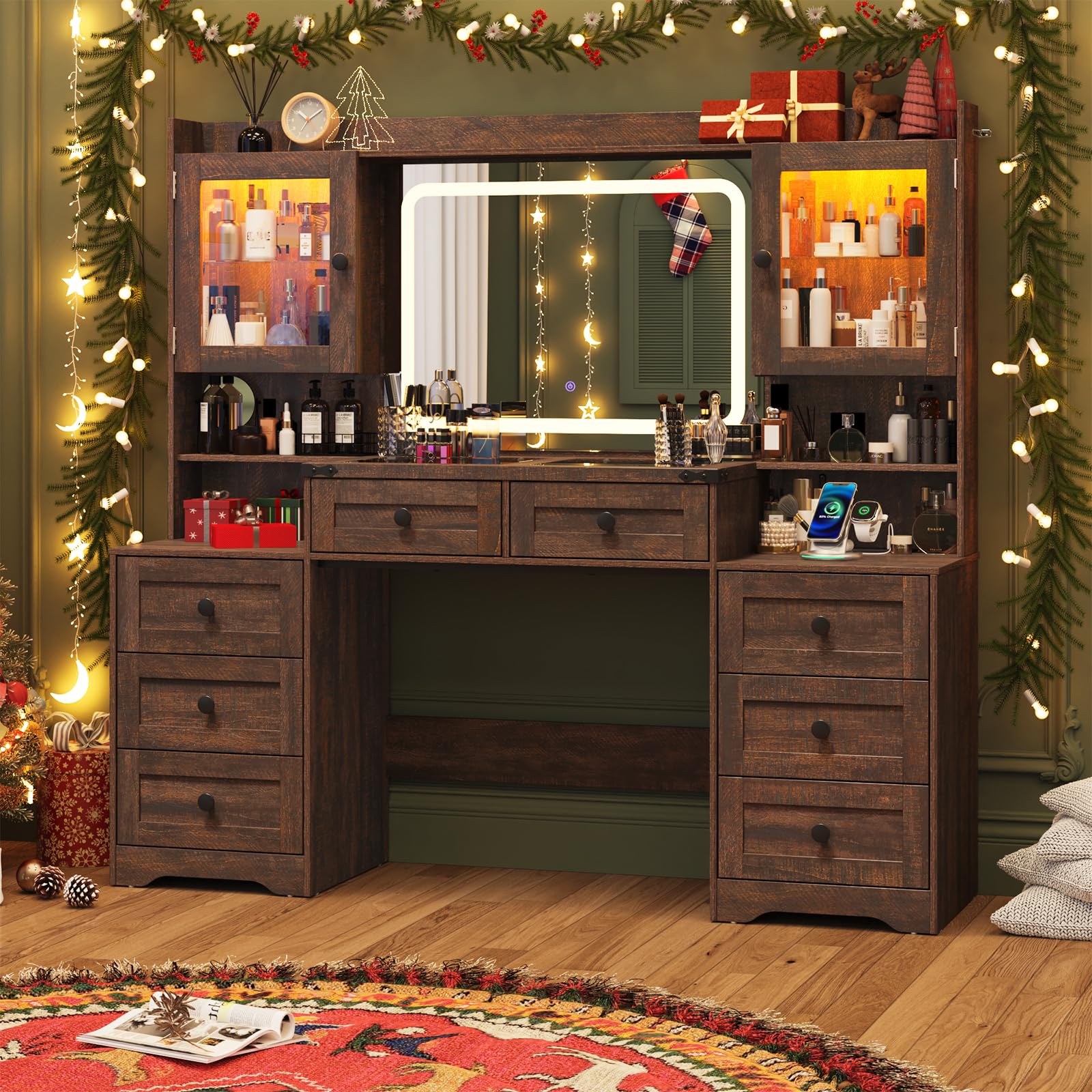 jiteentarou 60" Large Farmhouse Vanity Desk with LED Mirror, Lights and Charging Station, Glass Top Makeup Vanity Table w/8 Drawers, LED Glass Storage Cabinet, Dressing Table for Bedroom, Rustic Brown