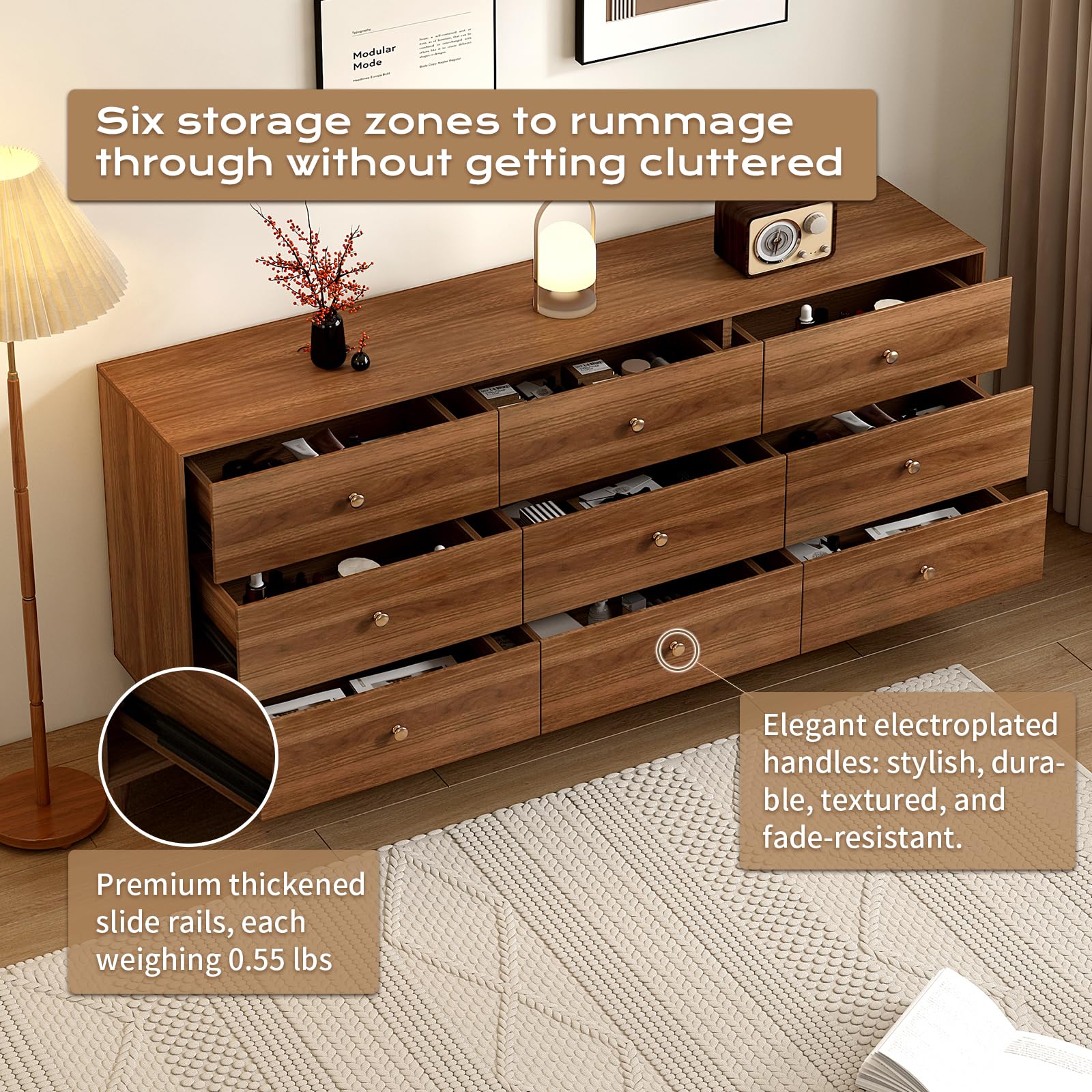 Messenya 9 Drawer Dresser for Bedroom, 63 Inch Walnut Dresser for Closet, Mid Century Wood Chest of Drawers with Natural Texture & Pre-Embedded Slots for TV Stand, Living Room, Hallway, Office