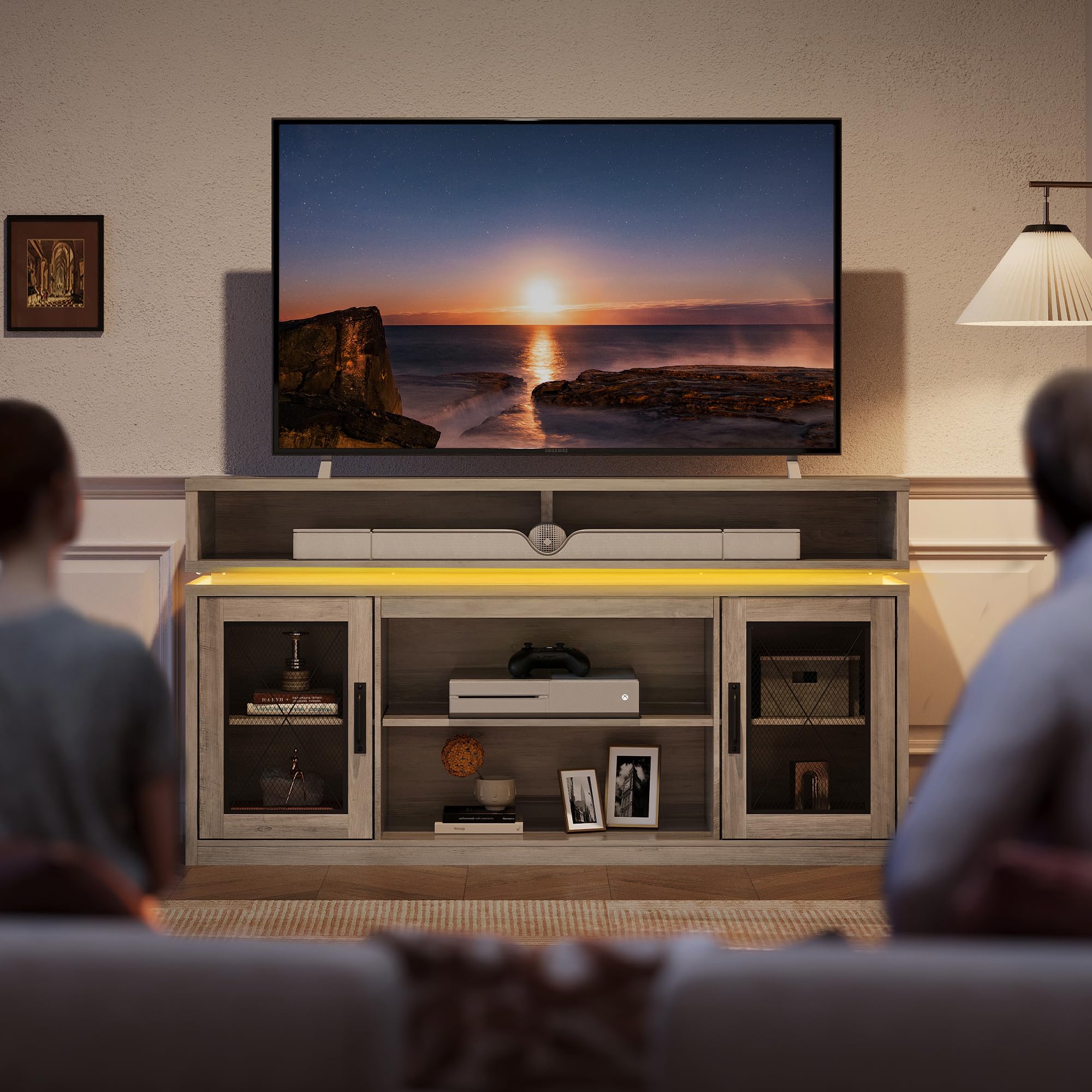 Farmhouse TV Stand with LED Lights & Storage Cabinets