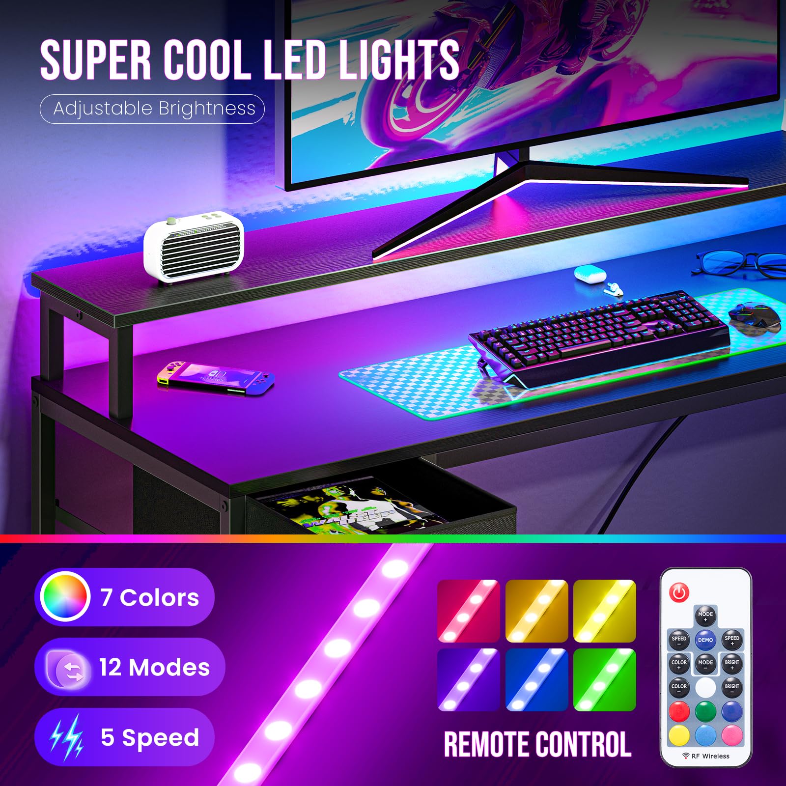 DUMOS 47” Gaming Desk with USB Charging Ports & LED Lights, Reversible L Shaped Desks Computer Corner Gamer Table with Power Outlets Monitor Stand Storage Shelves for Home Office Small Space, Black