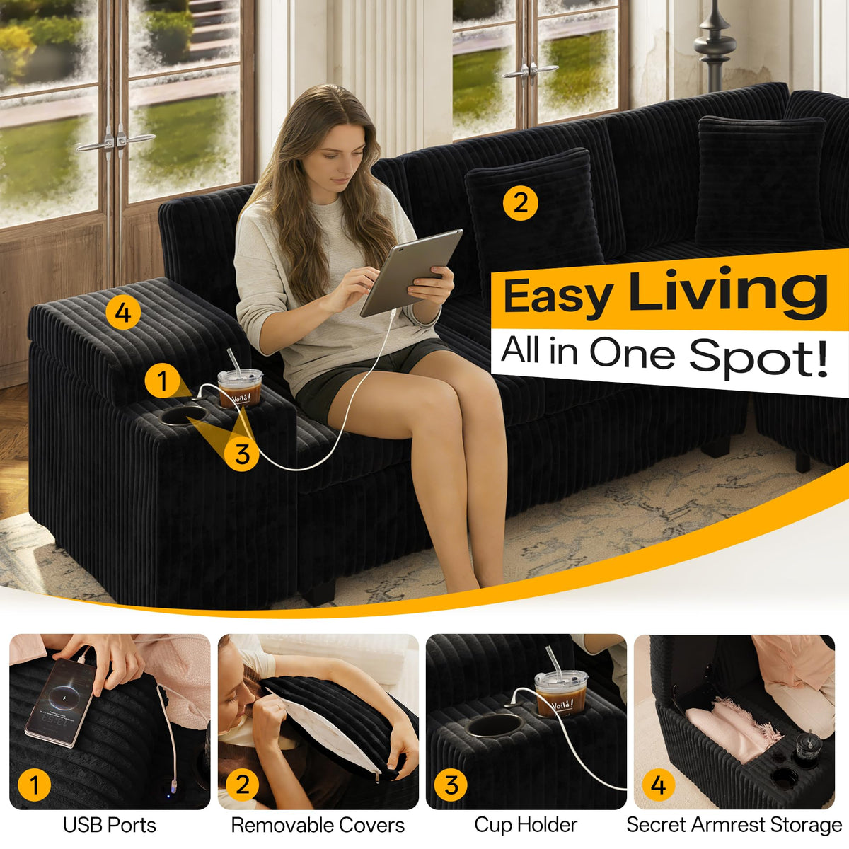 Corduroy L-Shaped Sleeper Sectional
