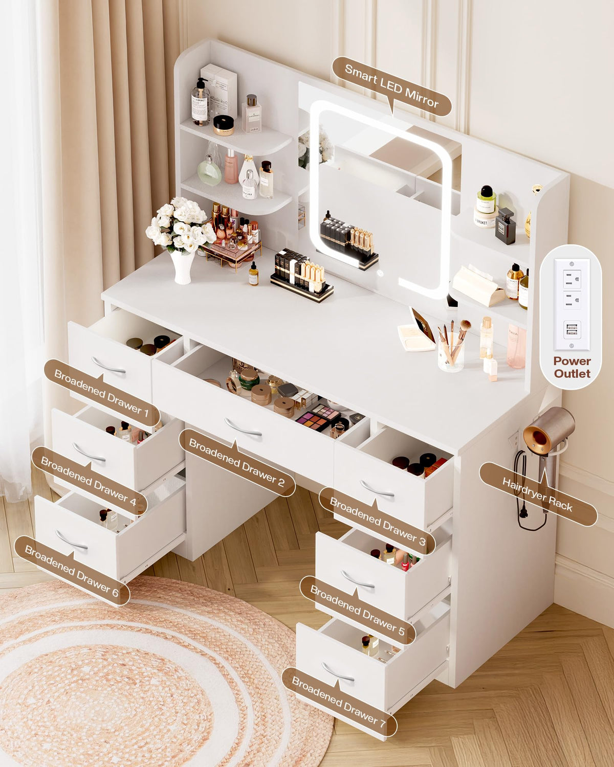 LIVELYGLOW 43" Large White Makeup Vanity Desk with Charging Station