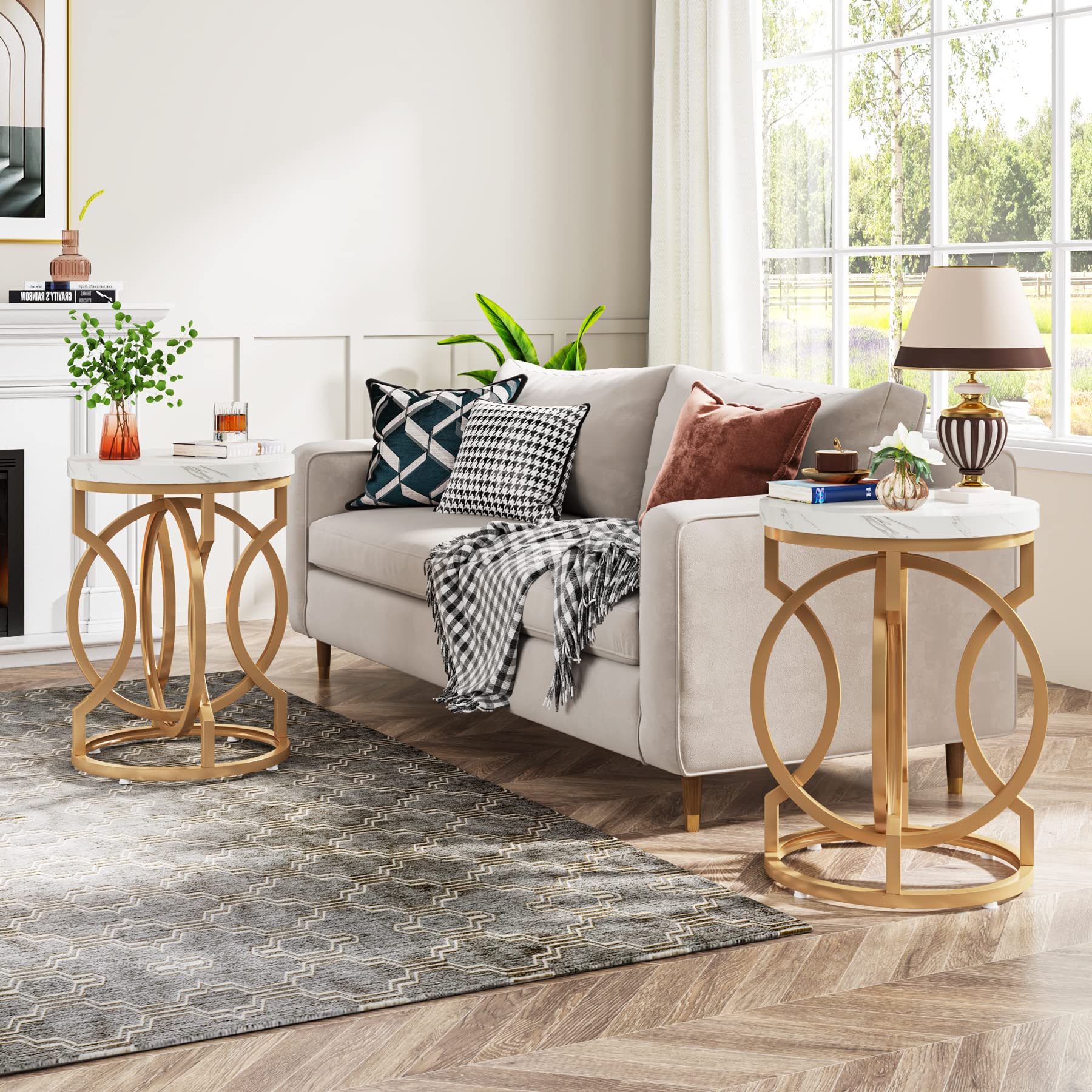 Tribesigns Modern Round End Table Set of 2 with Thickened Tabletop, 20" Gold Side Table with Unique O-Shaped Metal Base, Midcentury Nightstand for Living Room Bedroom, White + Gold