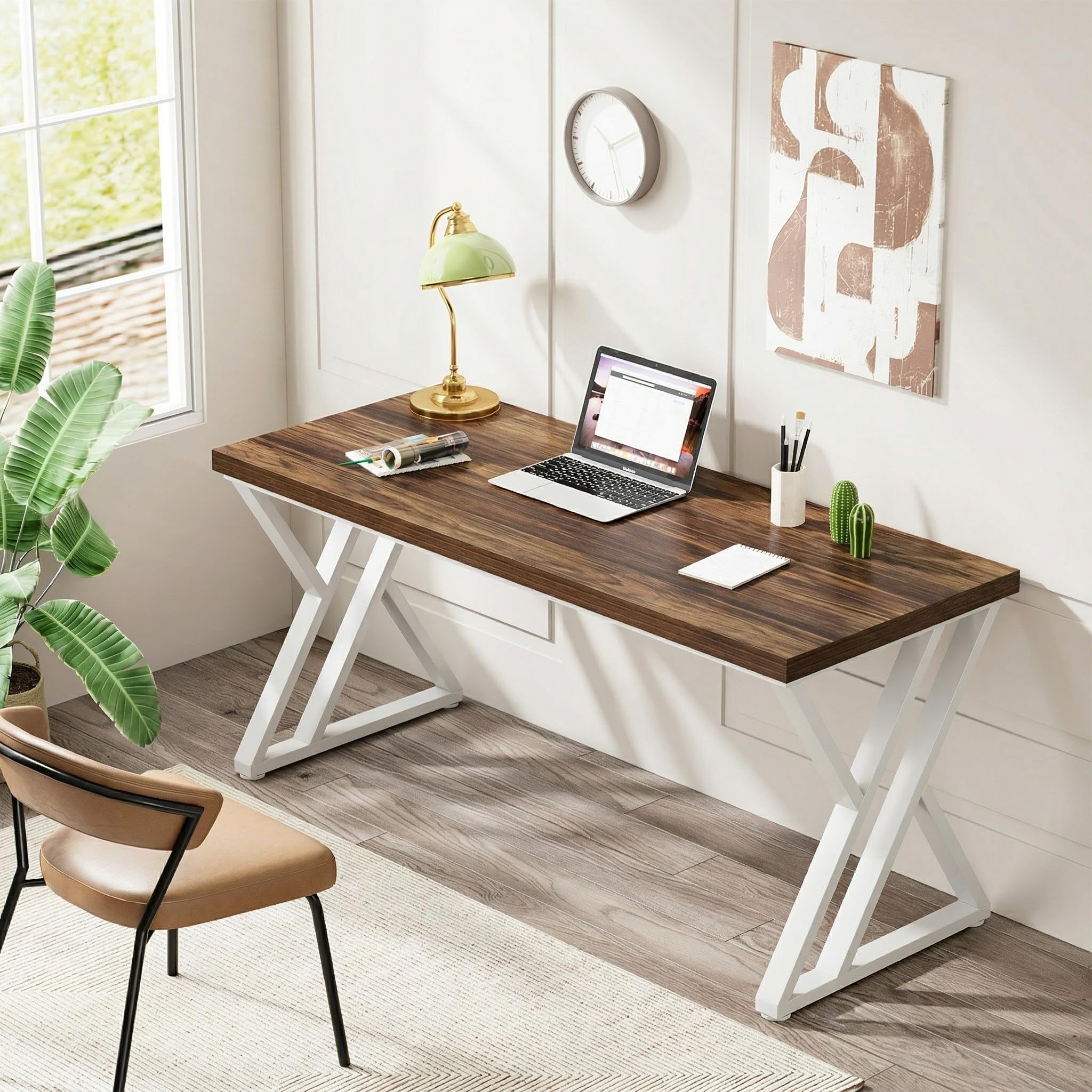 Tribesigns Modern Walnut/White 55" Heavy Duty Computer Desk, Study & Work Desk, 23.6"D x 55.1"W x 29.5"H, Z-Shaped Metal Legs, 330 lbs Capacity