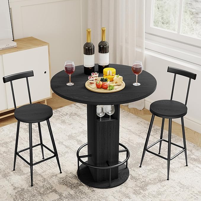 Round Bar Table & 2 Stools Set with Storage