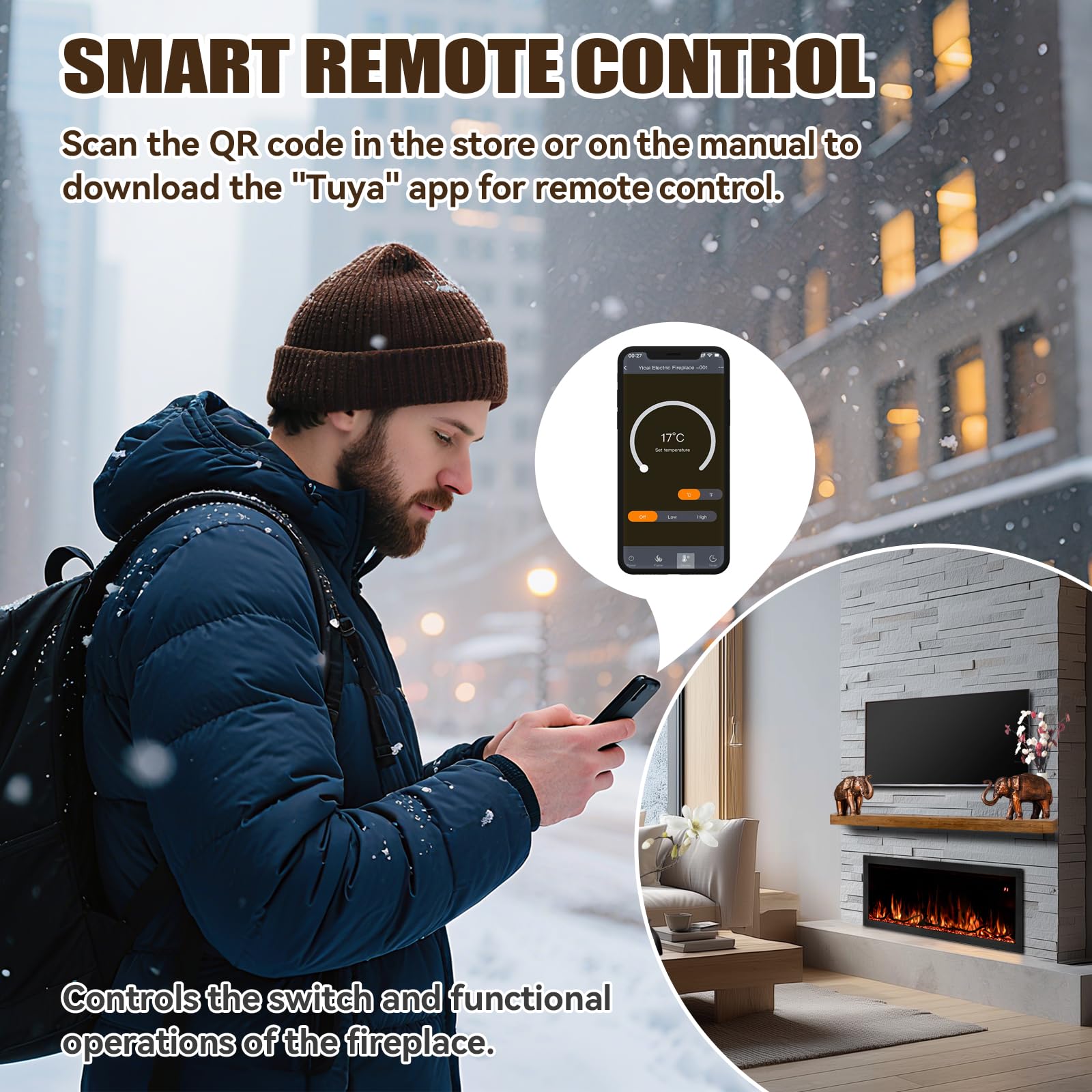 60-Inch Wall Mount Electric Fireplace with App & Remote Control