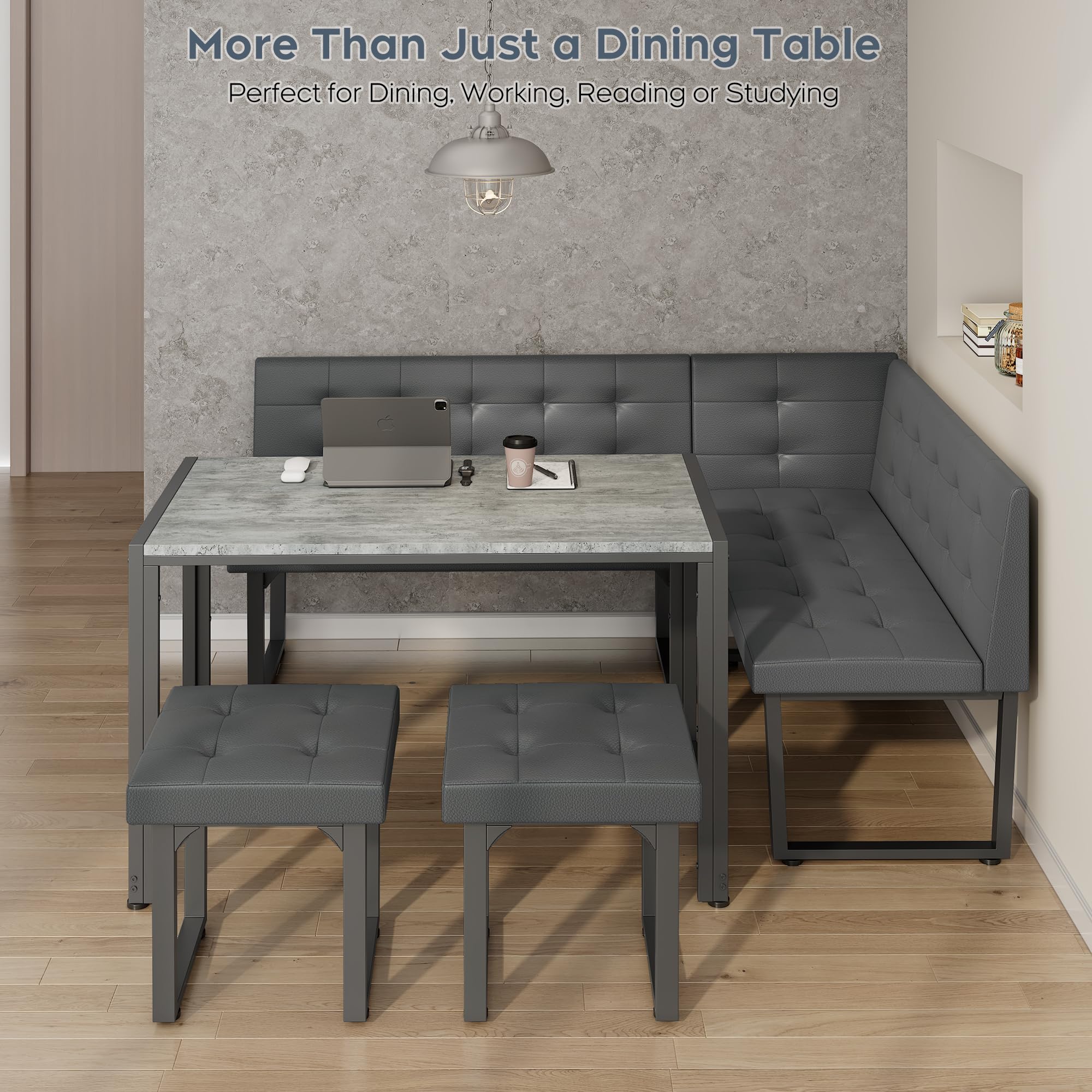 Yechen Corner Dining Table Set with Upholstered Banquette, 70 Inch 5-Piece Kitchen Breakfast Nook Table Set, Space Saving, Grey(Table, Bench, Dining Stools)