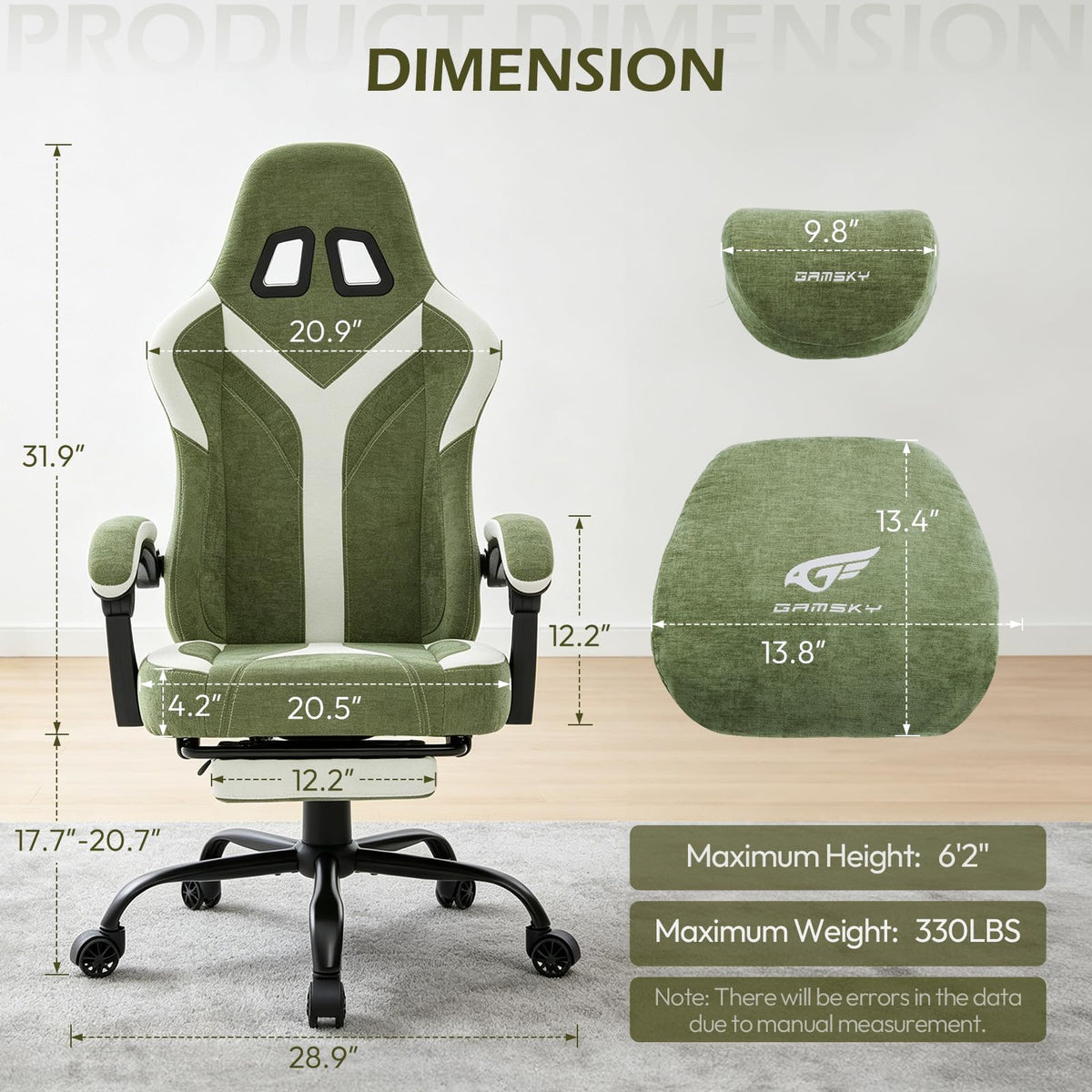 Green Chenille Gaming Chair with Footrest