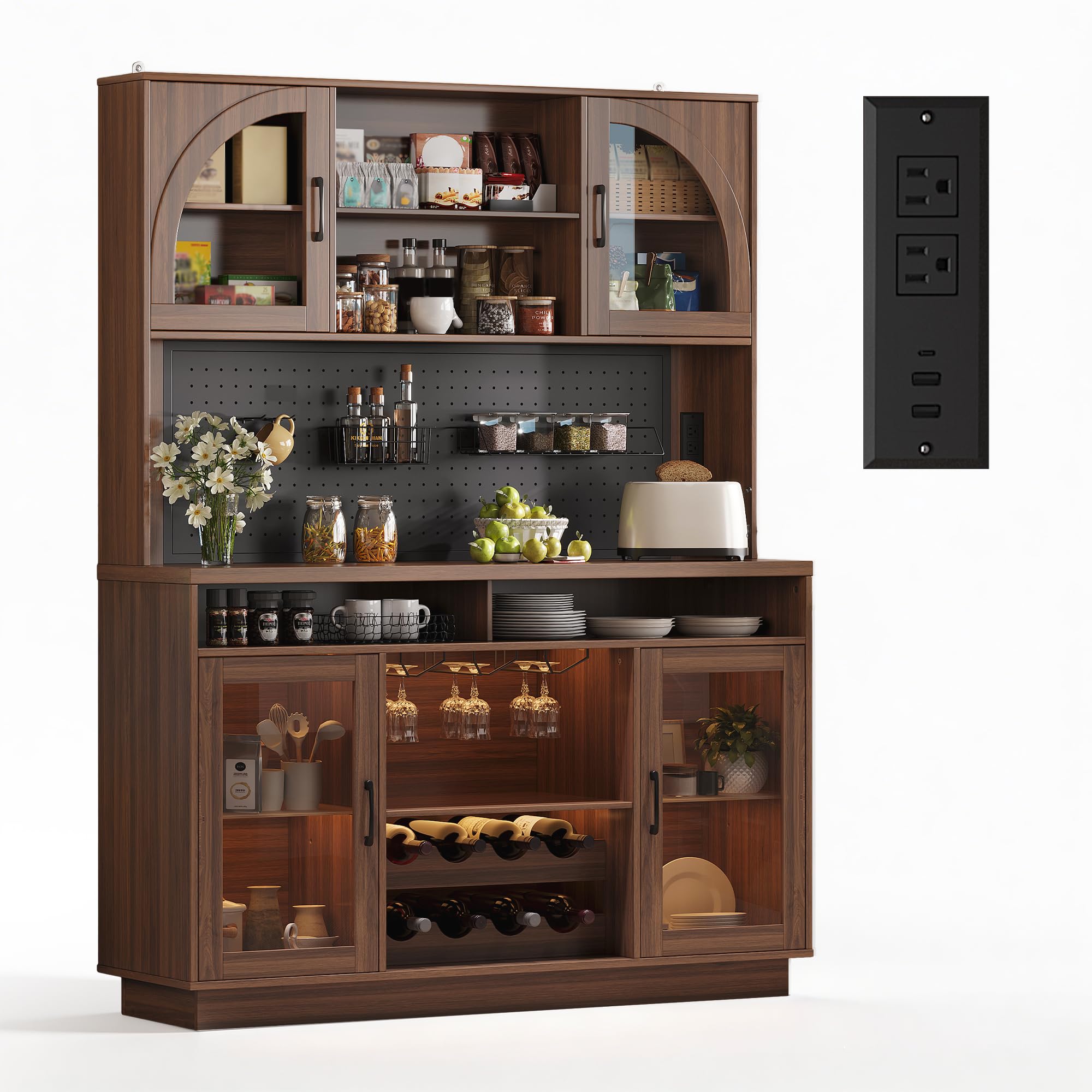 IPKIG 71" Kitchen Pantry Cabinet with Charging Station, Kitchen Hutch Storage Cabinet with LED Lights, Pantry Organizers and Storage with Anti-Tip Device for Dining Room, Brown
