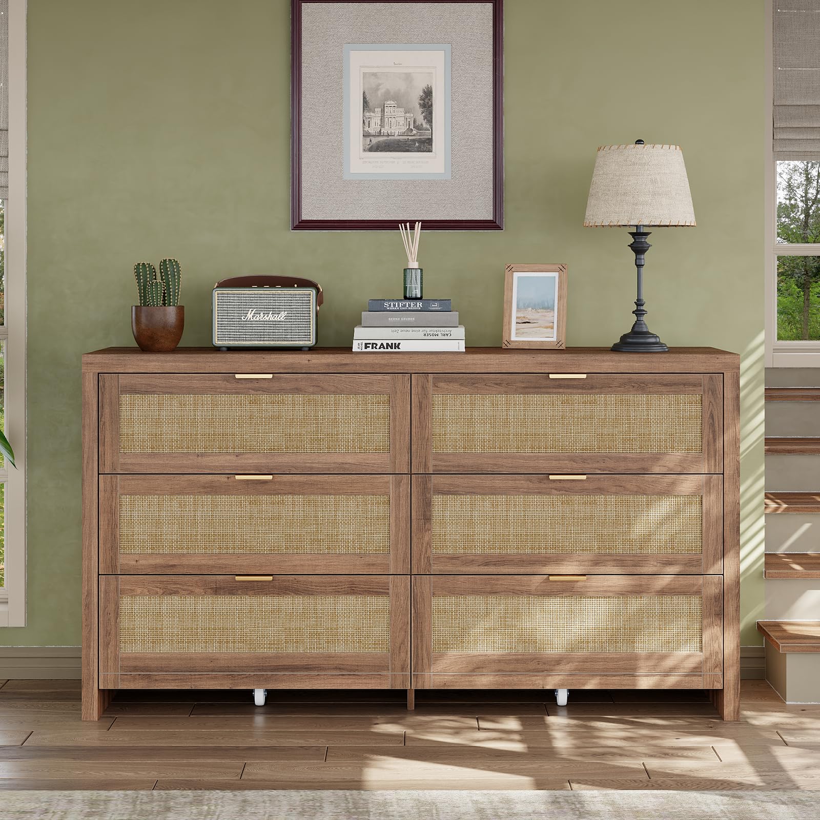 Cozynome 6 Drawers Dresser for Bedroom, 57” Rattan Dresser with Ample Storage, Boho Chest of Drawers, Wooden Dresser with Metal Handle, Rattan Dresser for Closet, Living Room, Entryway, Natural