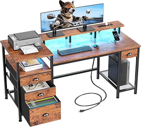 60" Computer Desk with LED Lights, Drawers & Charging Station