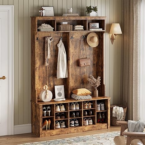 4-in-1 Farmhouse Hall Tree with Bench, 12 Shoe Cubbies & 6 Hooks
