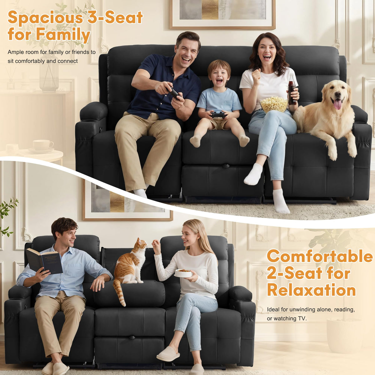 Korser 3-Seater Loveseat Recliner Sofa, Manual Recliner Chair with Flip Back Console, Cup Holder & USB, Home Theater Seating for Family Party, PU Leather, Black