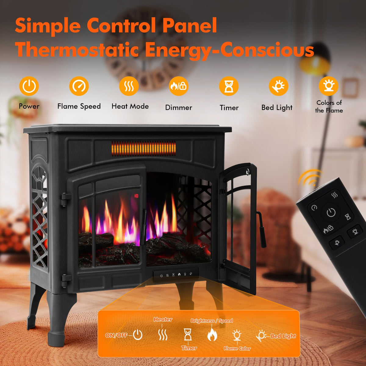 RealSmart Electric Fireplace Heater, 25“ Freestanding Stove Heater with 3D Realistic Flame Effect, Fireplace Stove Overheat Safety Protection for Indoor Use Bedroom,750W 1500W Retro Black