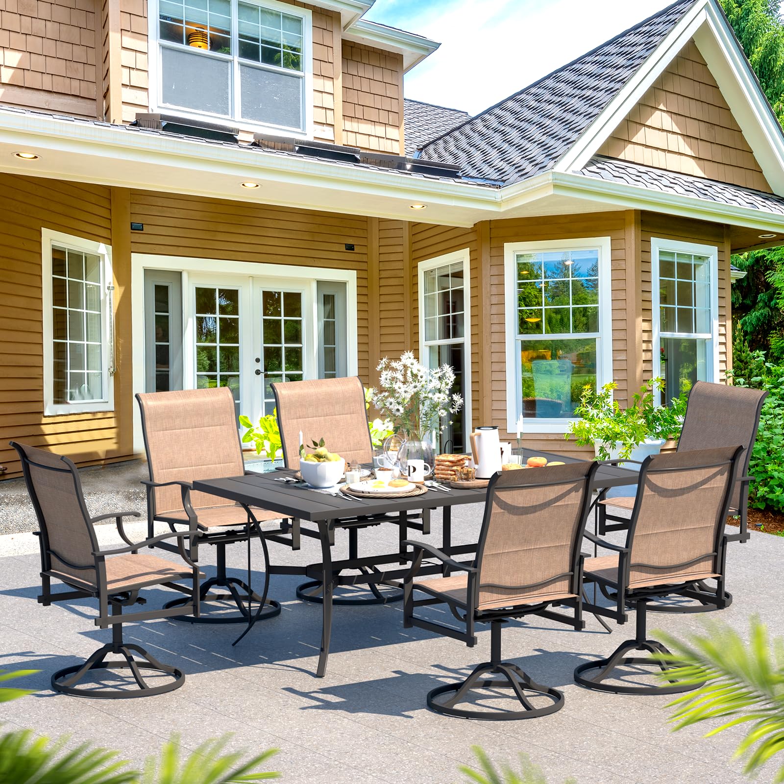 BUPPLEE Outdoor Patio Dining Set with 6 Swivel Chairs, Metal Table with Umbrella Hole, 7-Piece Patio Table and Chairs for Backyard, Poolside, Balcony and Garden (Brown)