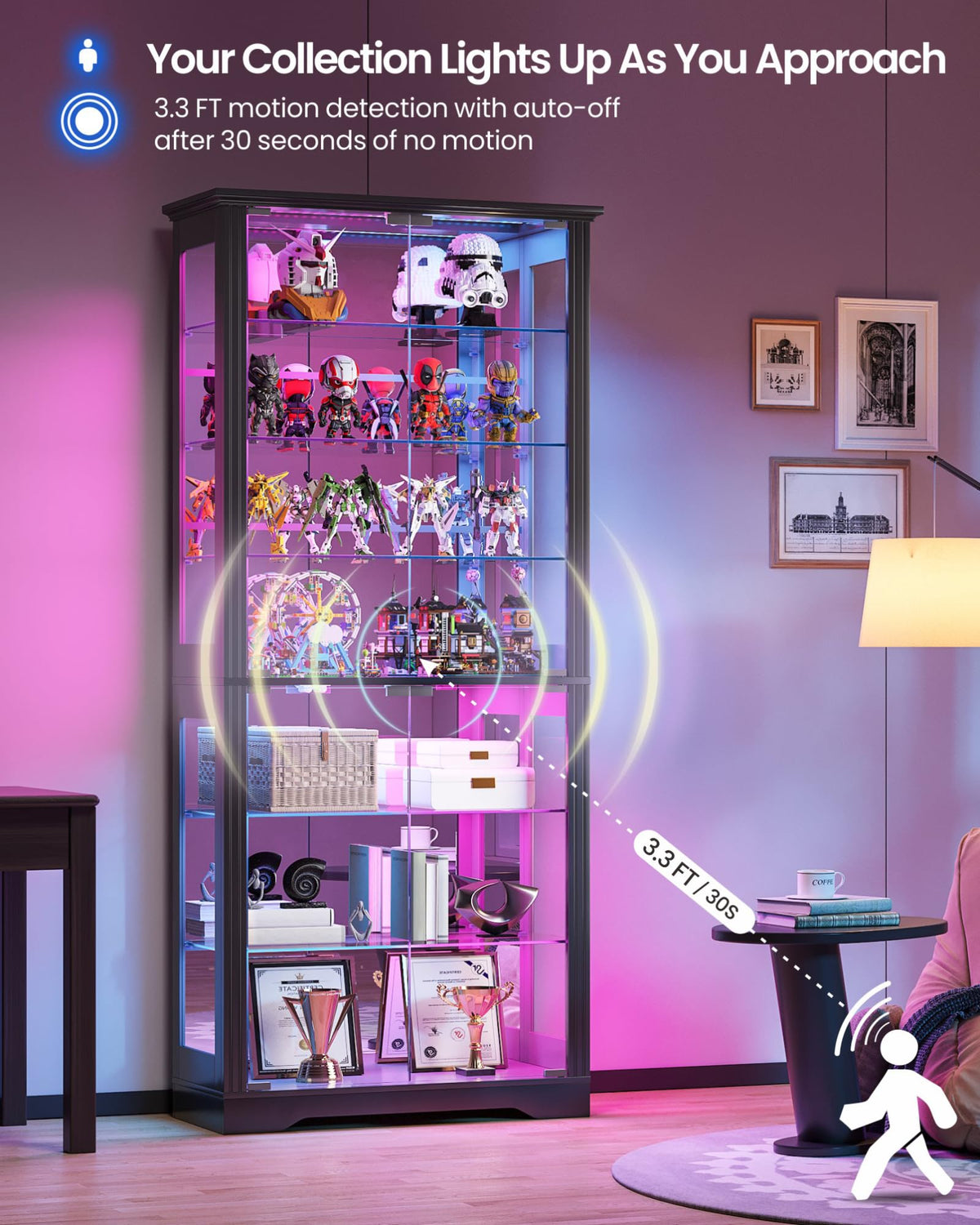 TAGELIER Glass Display Cabinet with RGB Lights & Adjustable Shelves