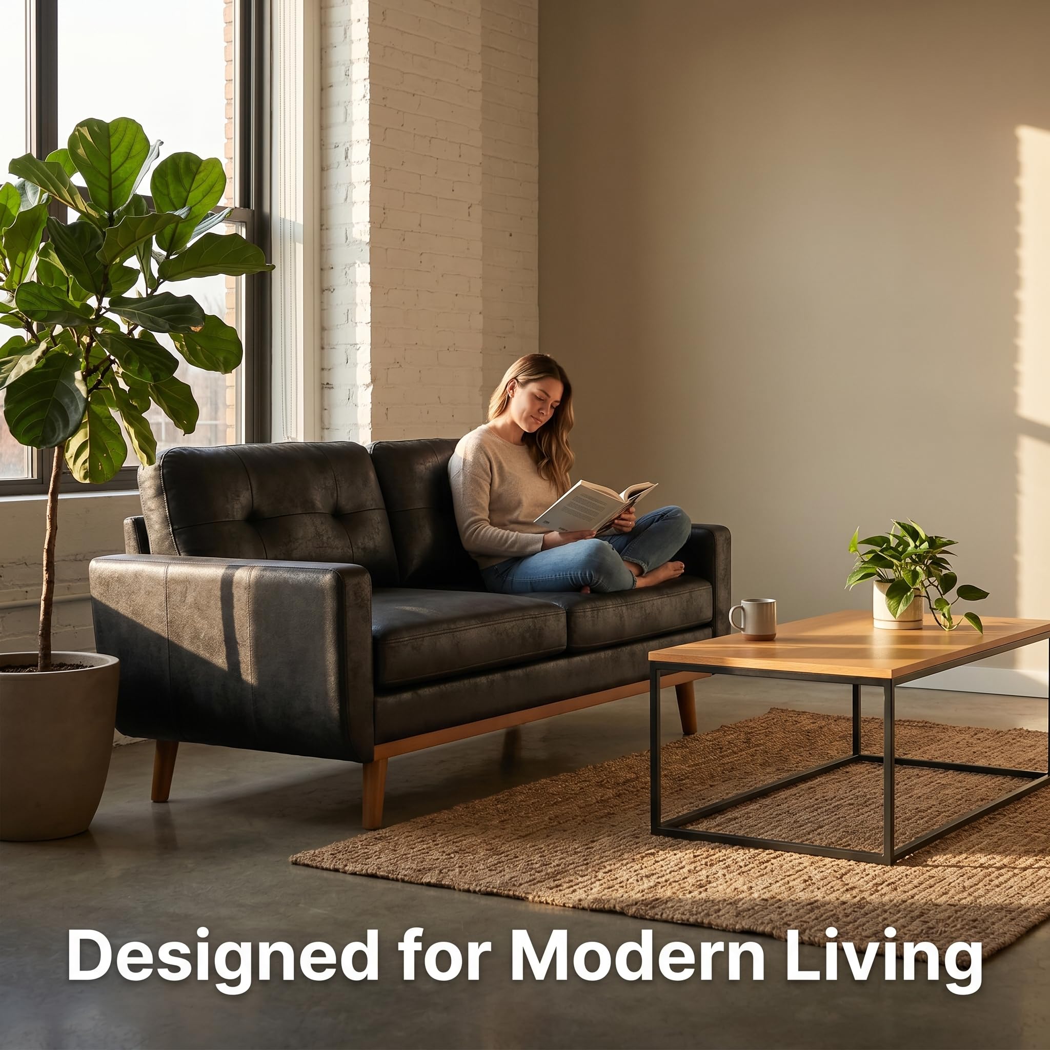 TYBOATLE 65" Loveseat Sofa, Mid Century Modern 2 Seater Couch Love Seat with Tufted Back, Square Arms & Wood Legs, Small Loveseat for Living Room, Bedroom, Apartment, Office (Black)