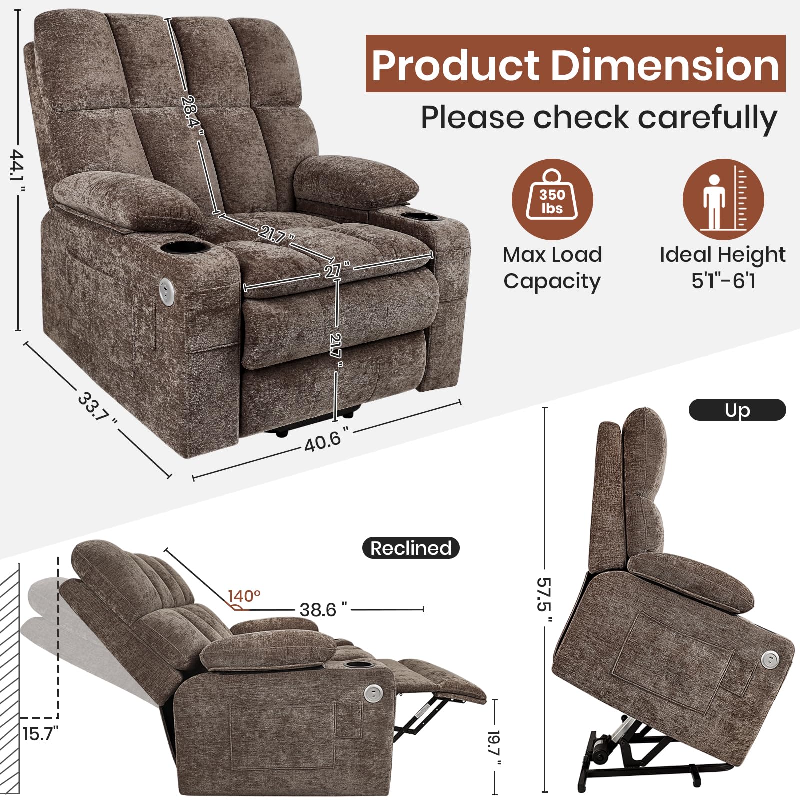Power Recliner Chair with Wide Seat, USB & Type-C Charging, Dual Remotes