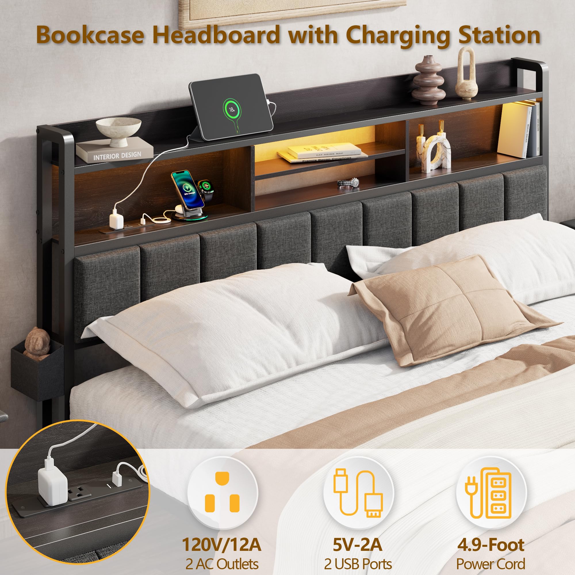 Upholstered Platform Bed Frame with Storage Drawers, LED Lights & Charging Station