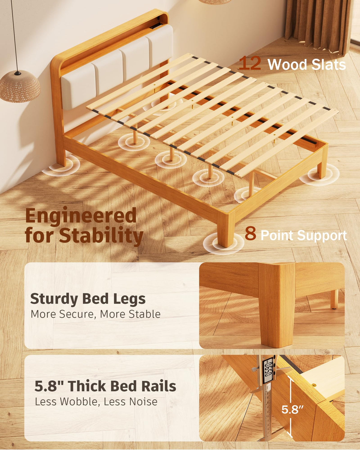 Queen Size Wood Upholstered Platform Bed Frame w/ USB Ports & LED Lights