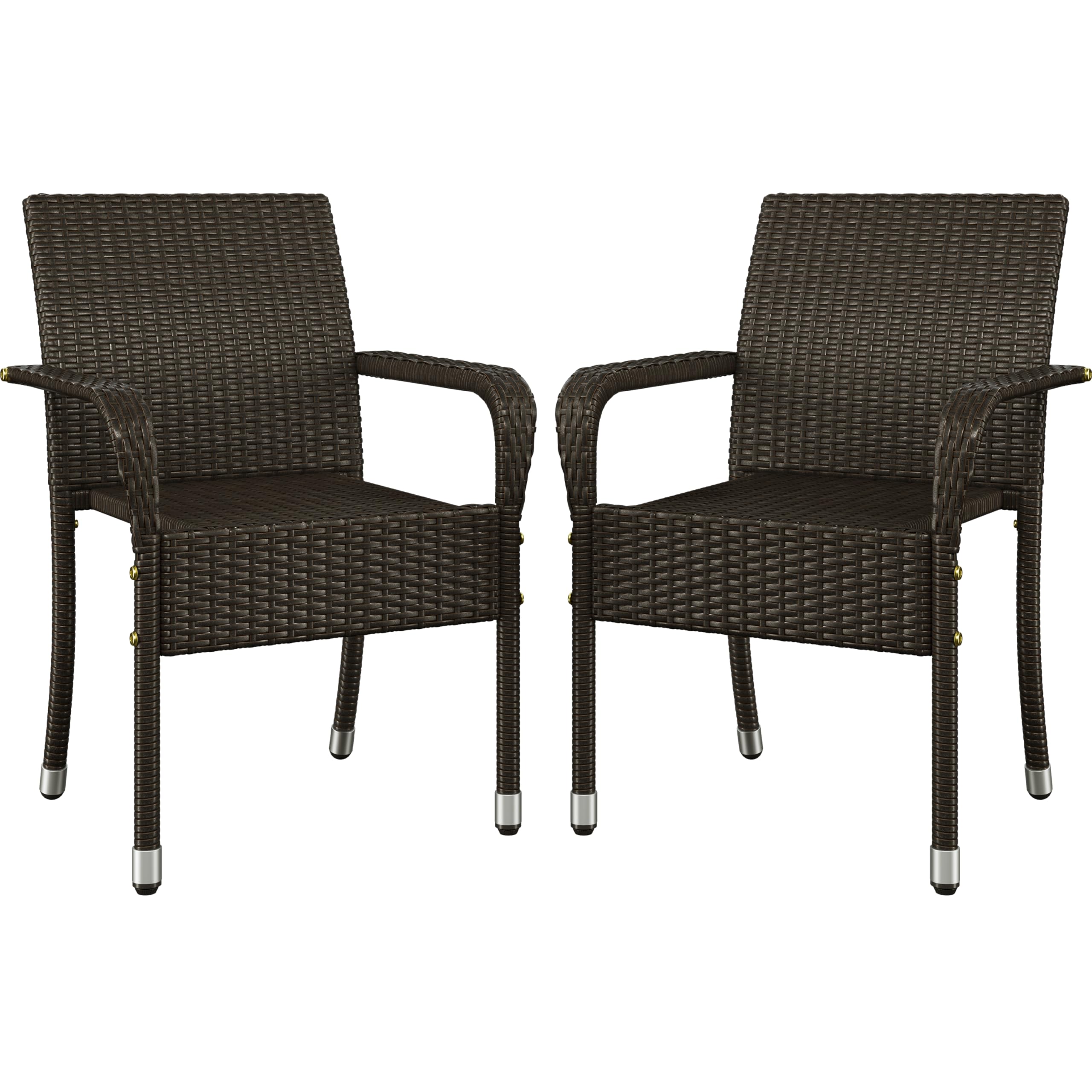 Yaheetech Set of 2 Stackable Outdoor Rattan Dining Chairs, All-Weather Armchair w/Armrests, Steel Frame for Garden, Patio, Deck, Yard, Poolside, Brown