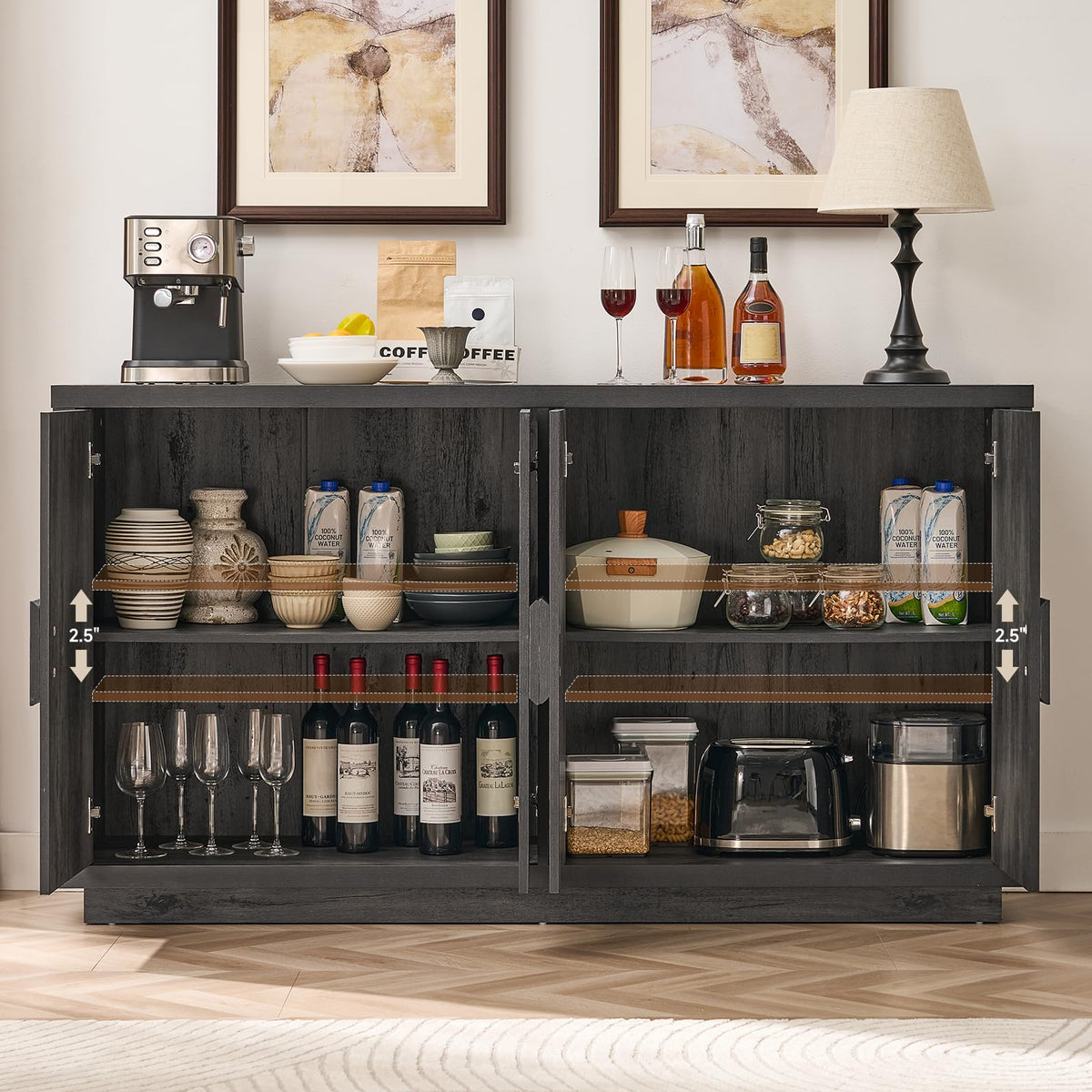 ONBRILL 63" Sideboard Buffet Cabinet, Wooden Kitchen Coffee Bar, Black