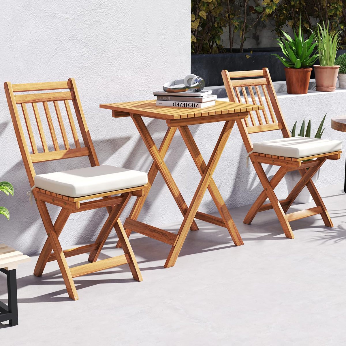 KOTEK Outdoor Folding Bistro Set, 3 Pieces Acacia Wood Bistro Set with Soft Cushions, Patio Bistro Table and Chairs for Backyard, Porch, Poolside (Vertical Slats)