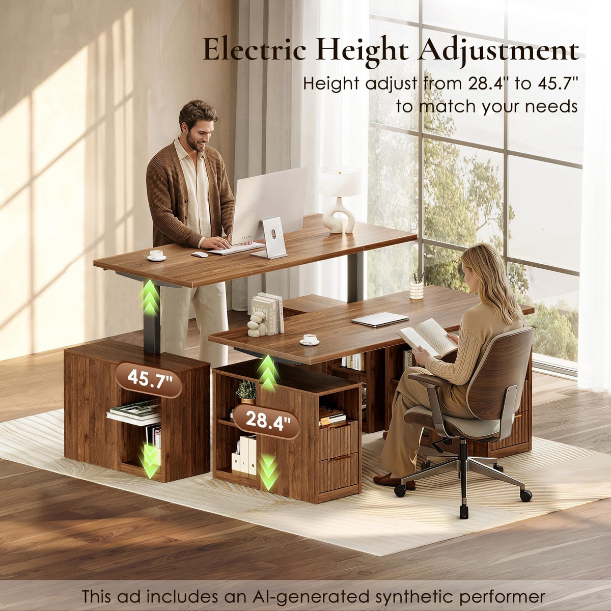 OffiGo Fluted 55 Inch Electric Standing Desk with 2 Storage Cabinet, Walnut
