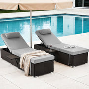 Outdoor Reclining Chaise Lounge Set of 2 with Cushion & Side Tray