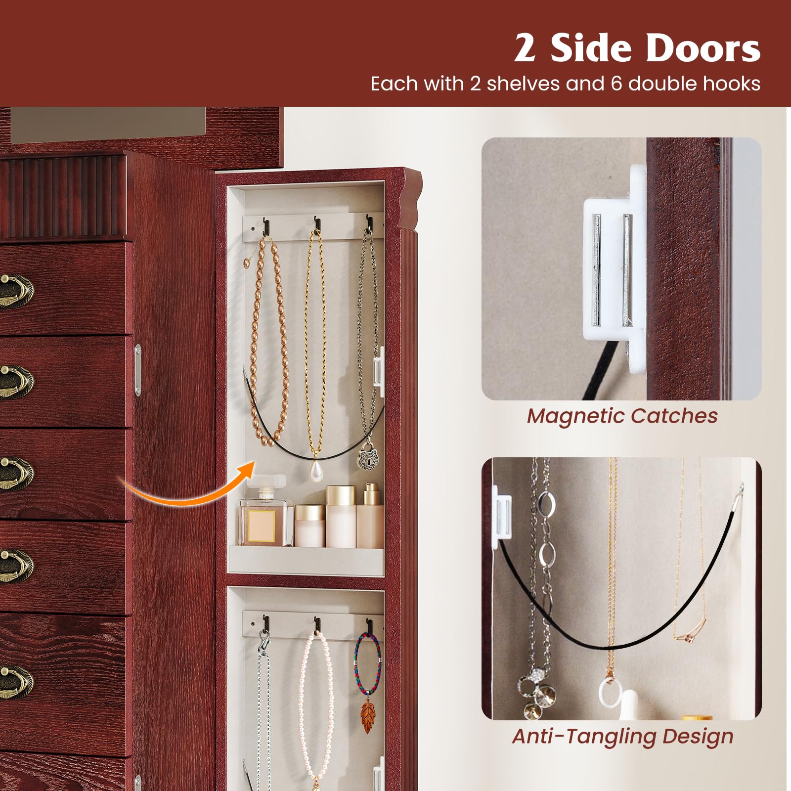 Standing Jewelry Cabinet with Mirror & Drawers