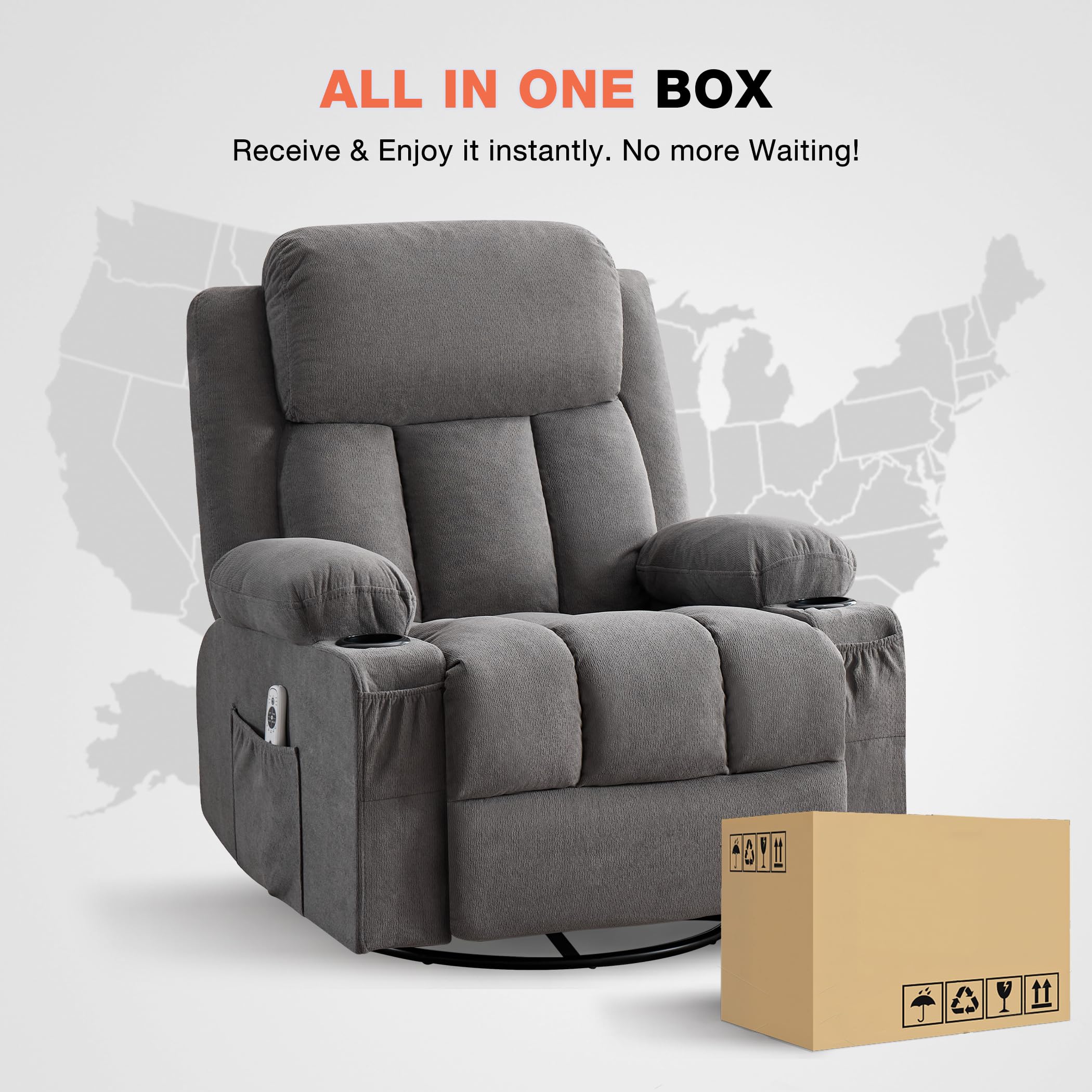 BOSMILLER Swivel Rocker Recliner Chair with Vibration Massage and Lumbar Heating Ergonomic Lounge Chair for Living Room with Rocking Function and Side Pocket, 2 Cup Holders, USB Charge Port