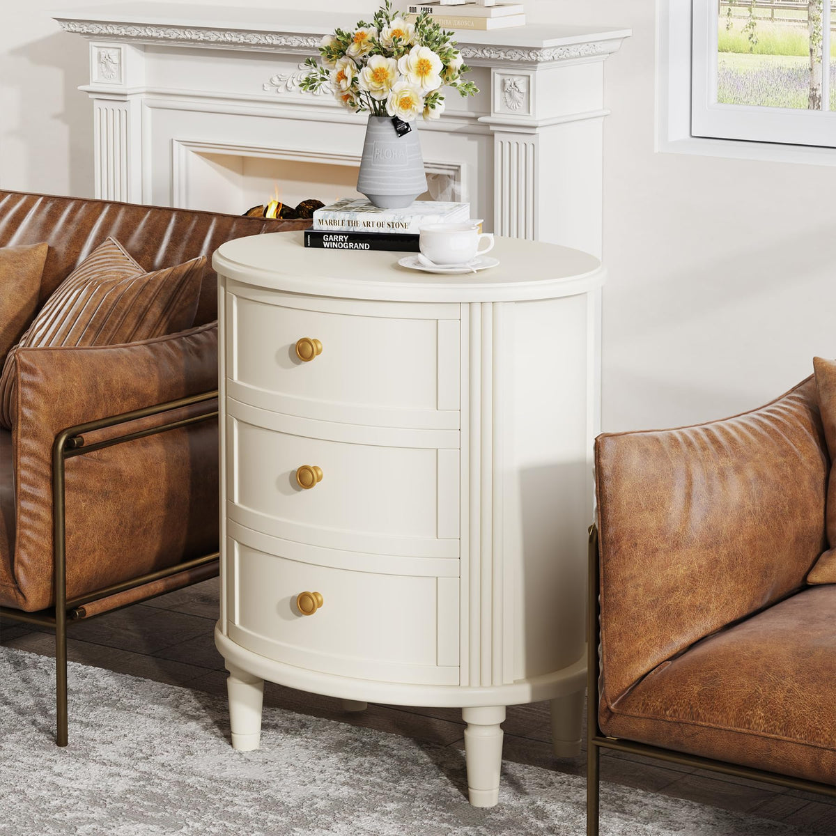 Cream 3-Drawer Nightstand