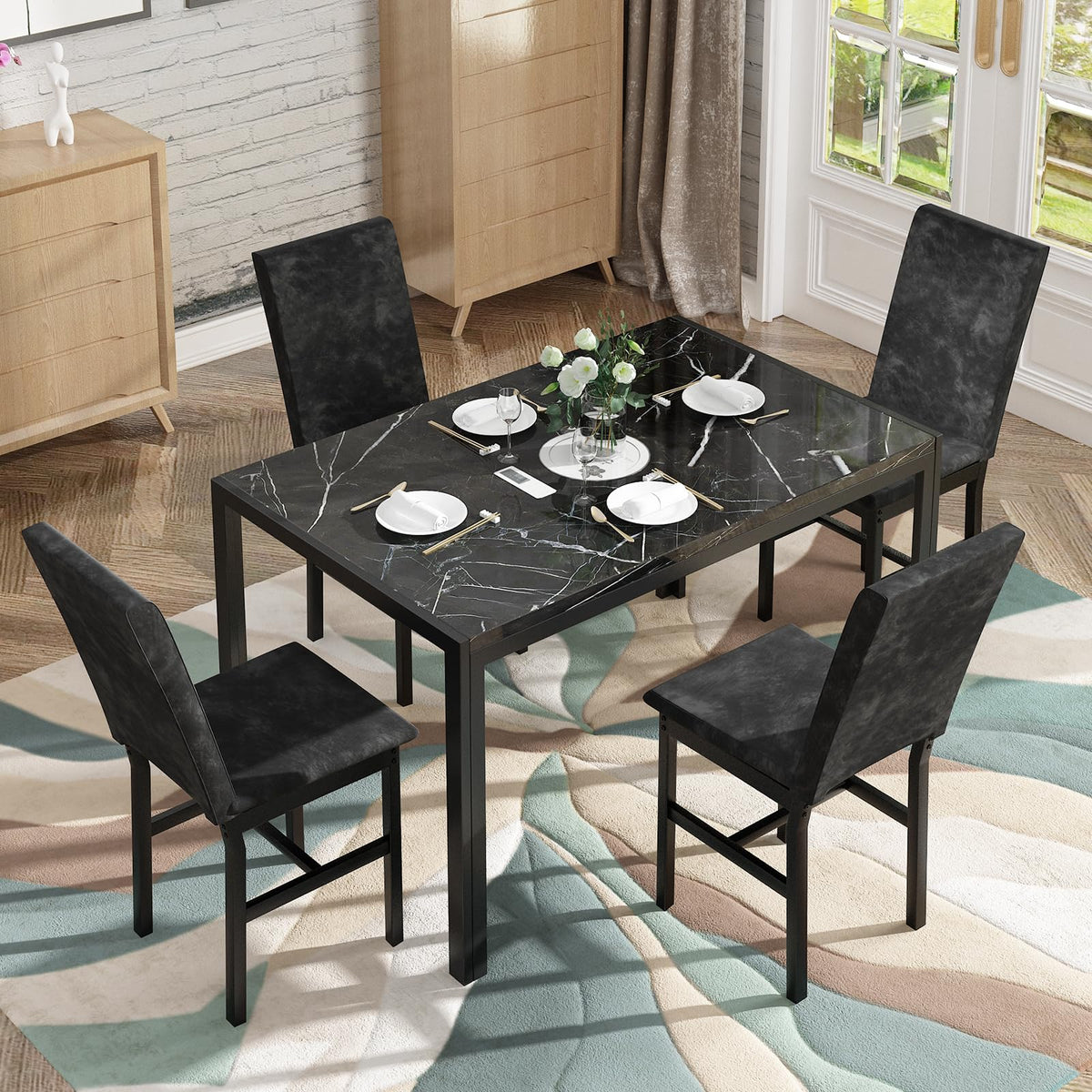 AWQM Products 5-Piece Marble Dining Set, Modern Kitchen Table and Chairs for Dining Room, Compact Space Saving Furniture, Dinette, 4 Upholstered Velvet Chairs - Black