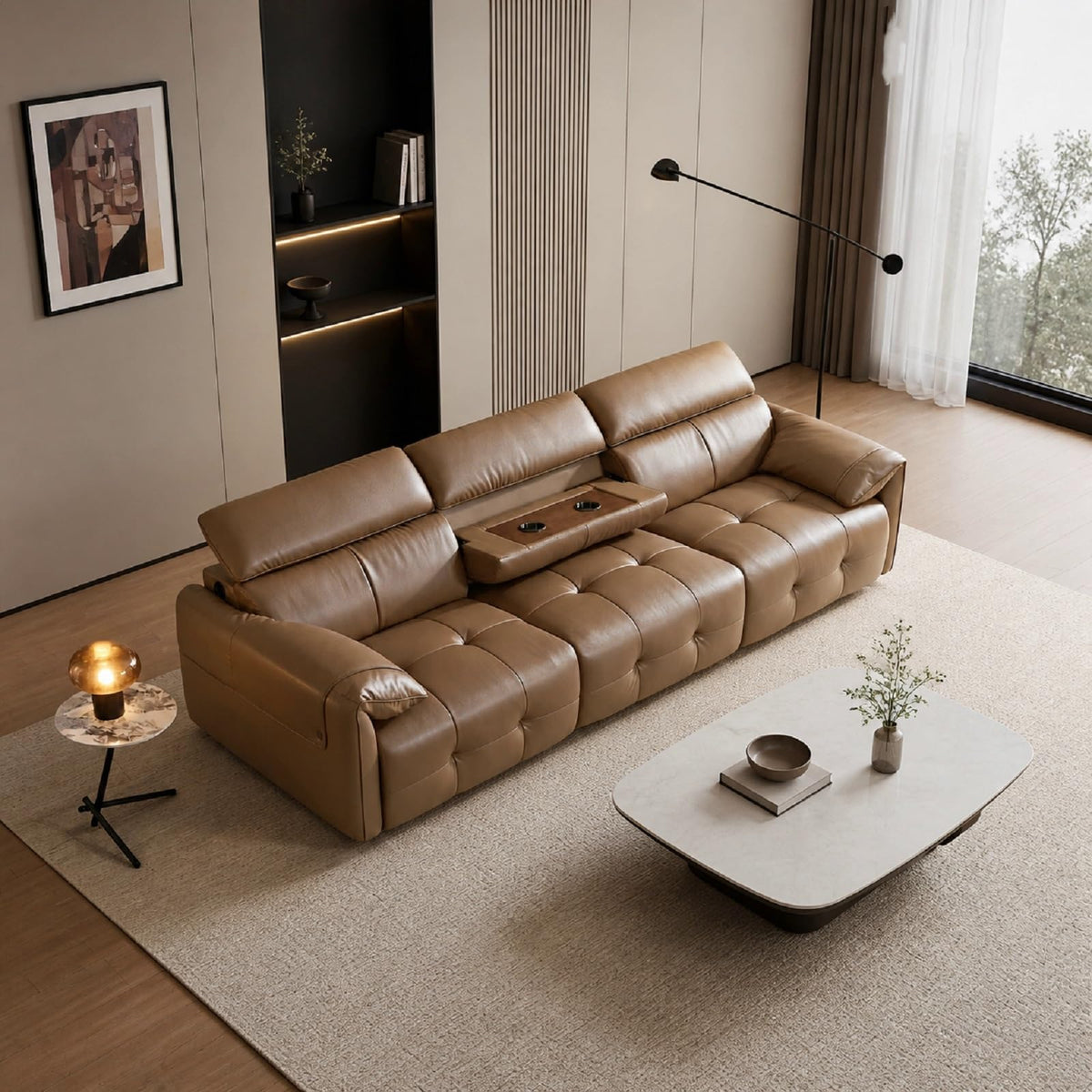 Genuine Leather Sofa with Adjustable Headrests, 122" Modern Modular Sectional Couch with Drop-Down Cup Holder Console, 3-Seater Leather Couches with Solid Wood Frame for Living Room, Office, Brown
