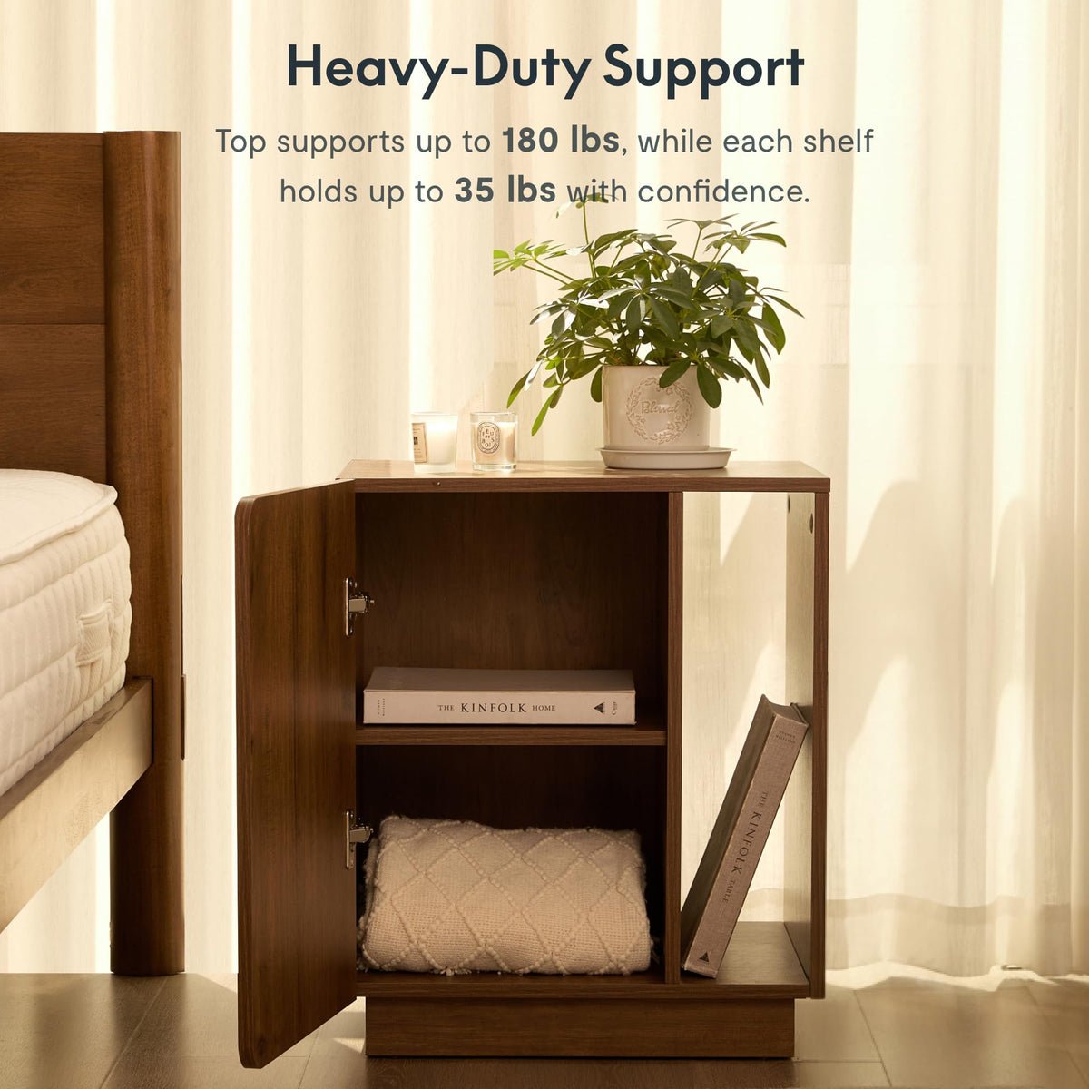 FLEXISPOT Mid-Century Modern Nightstand with Charging Station, Walnut, Left