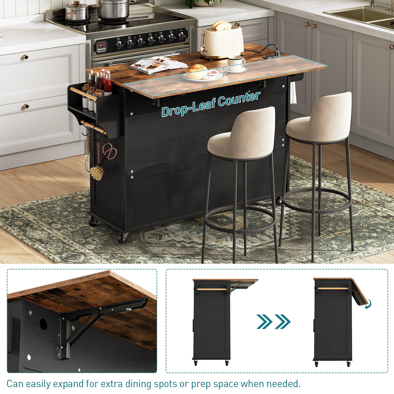 Kitchen Island Cart with Drop Leaf & Power Outlet